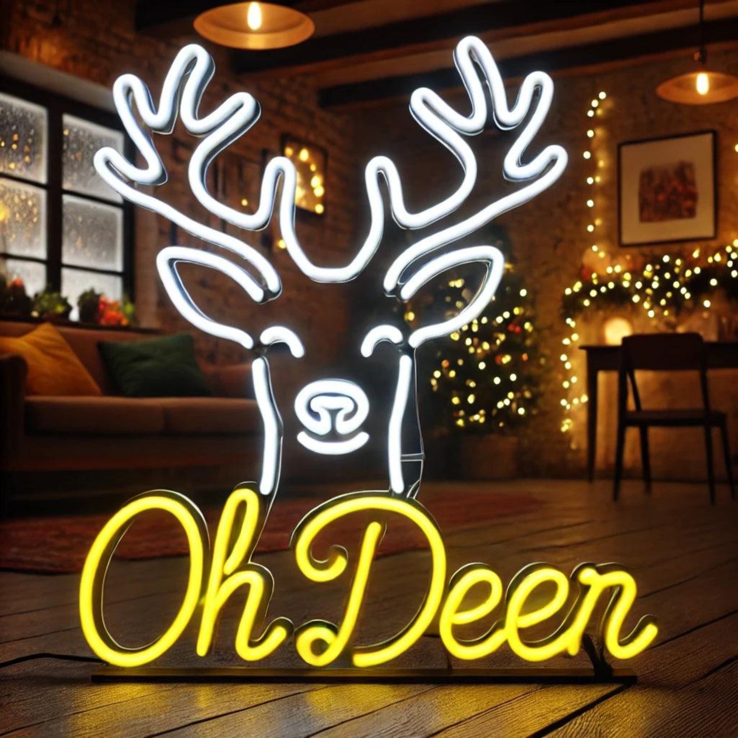 Oh Deer White-Yellow Christmas LED Neon Sign for Home and Cafe Decor | Shineneon
