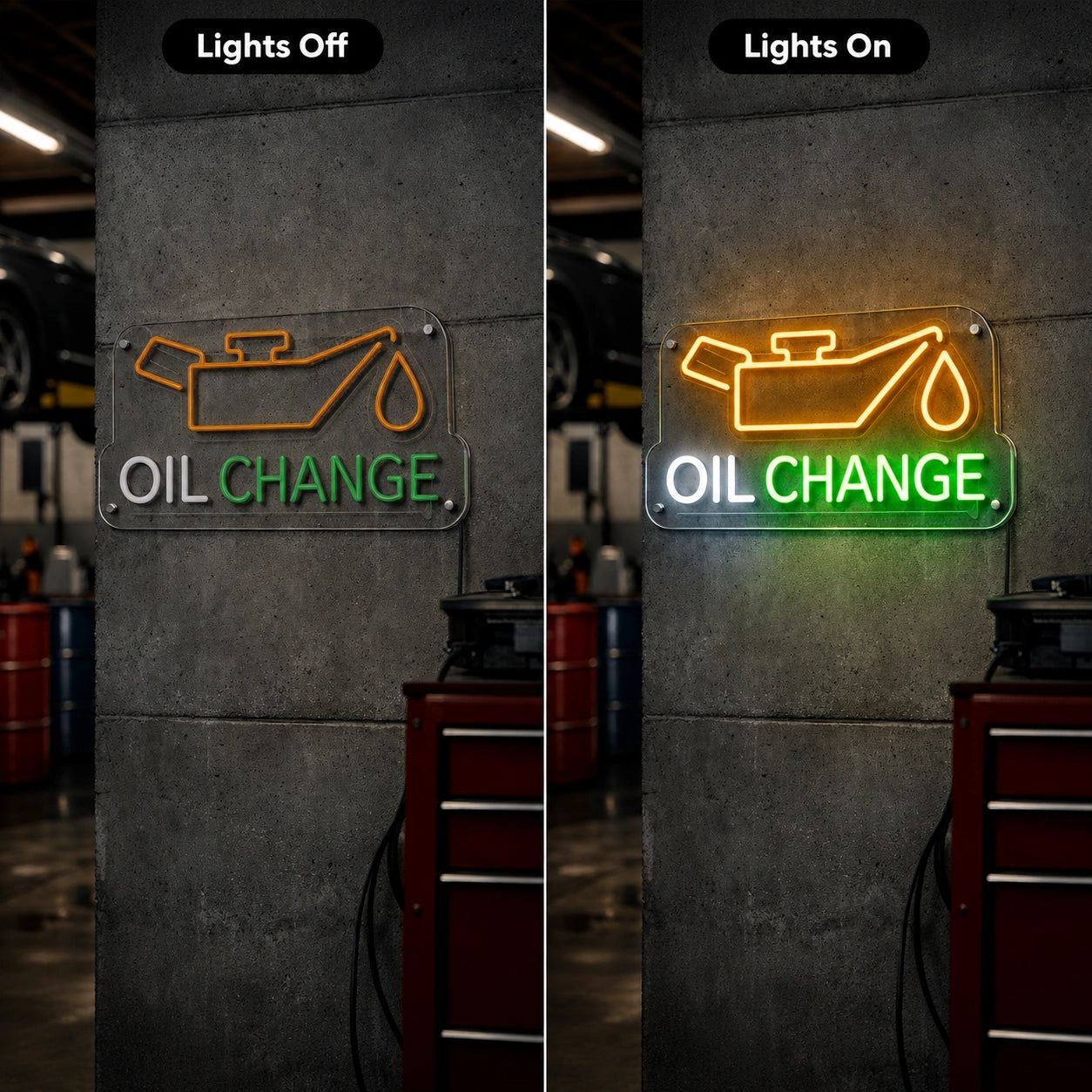 Oil Change Neon Sign LED Neon Sign day and night comparison