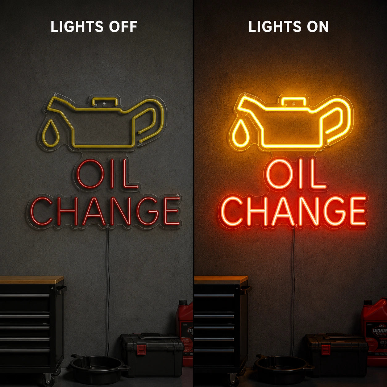 Oil Change Neon Sign Wall Art LED Neon Sign day and night comparison