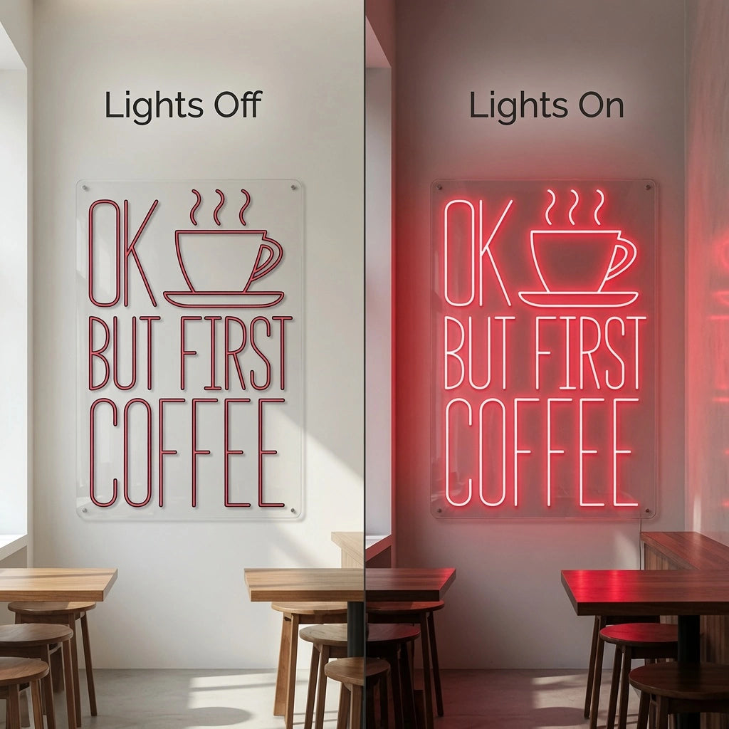 Ok But First Coffee LED Neon Sign - 06 Day Night Comparison