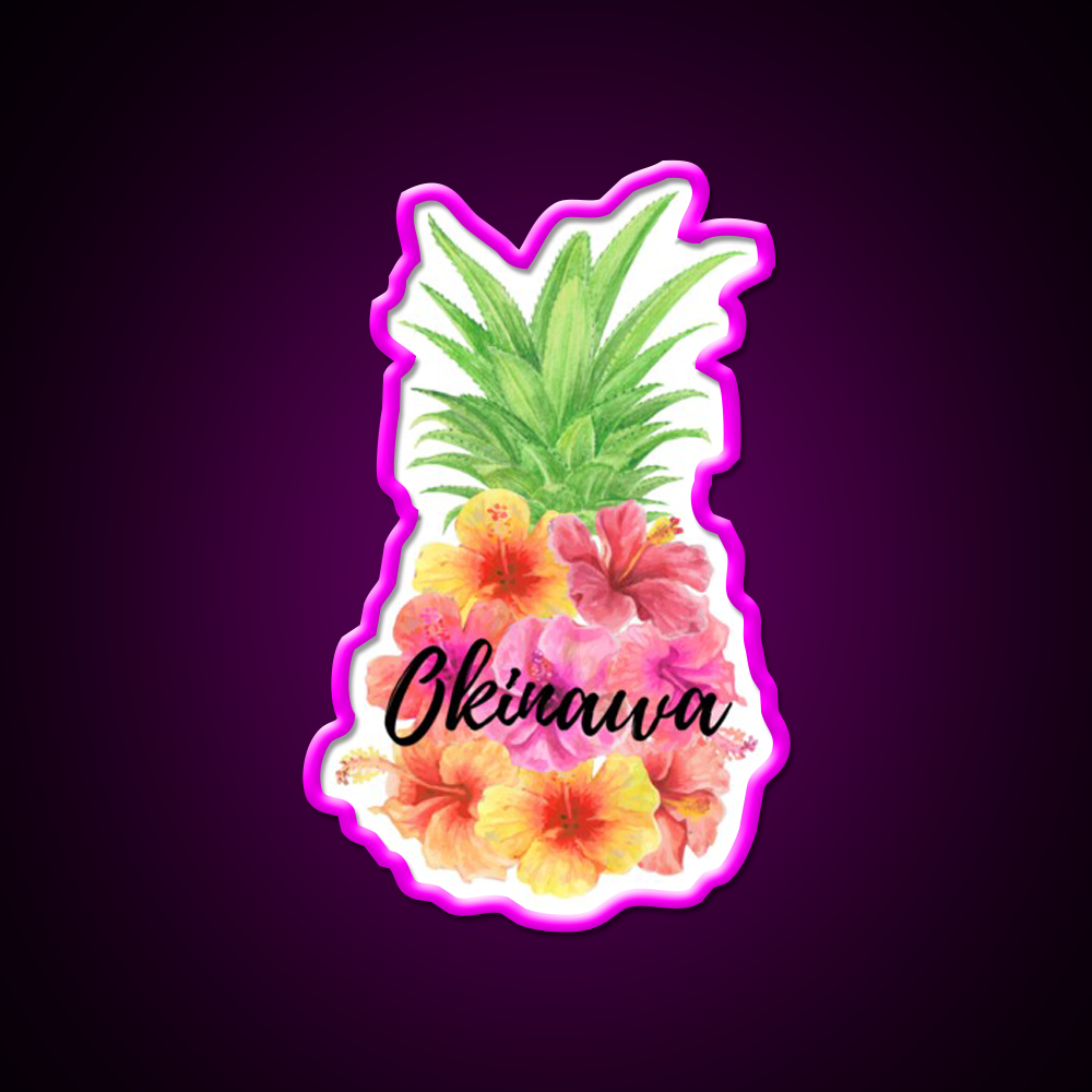 Okinawa Floral Pineapple Hibiscus Cocktail Bar Decor Led Neon Sign Rgb Color - Neon sign mounted on wall in room