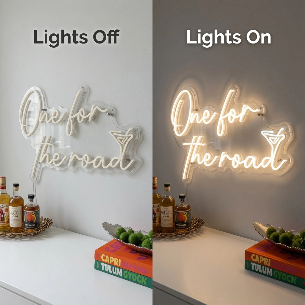 One For The Road Business LED Neon Sign - 06 Day Night Comparison