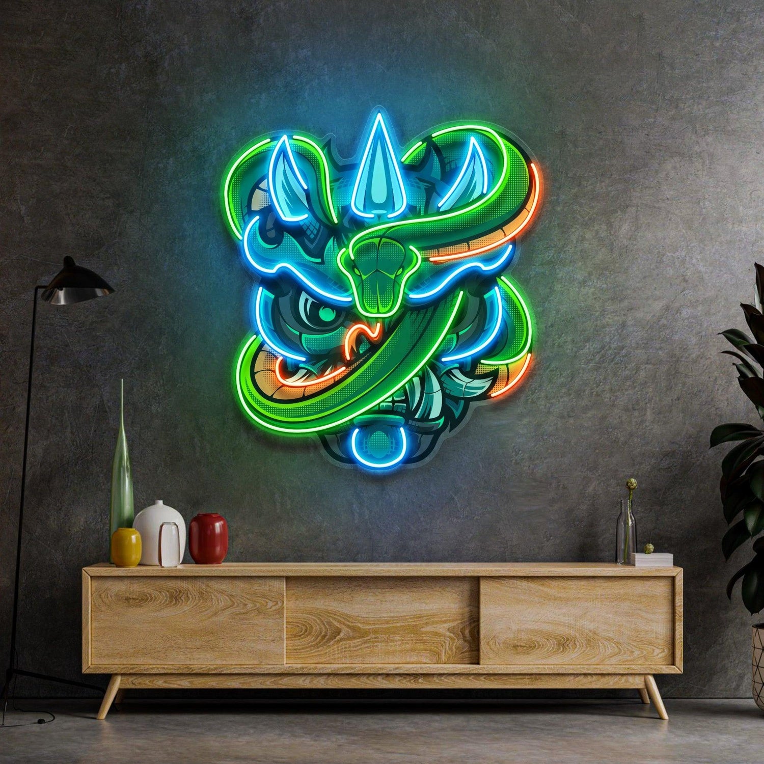 Oni Head Green Snake Uv Printed Led Neon Sign Fantasy Gaming Room Decor | Shineneon