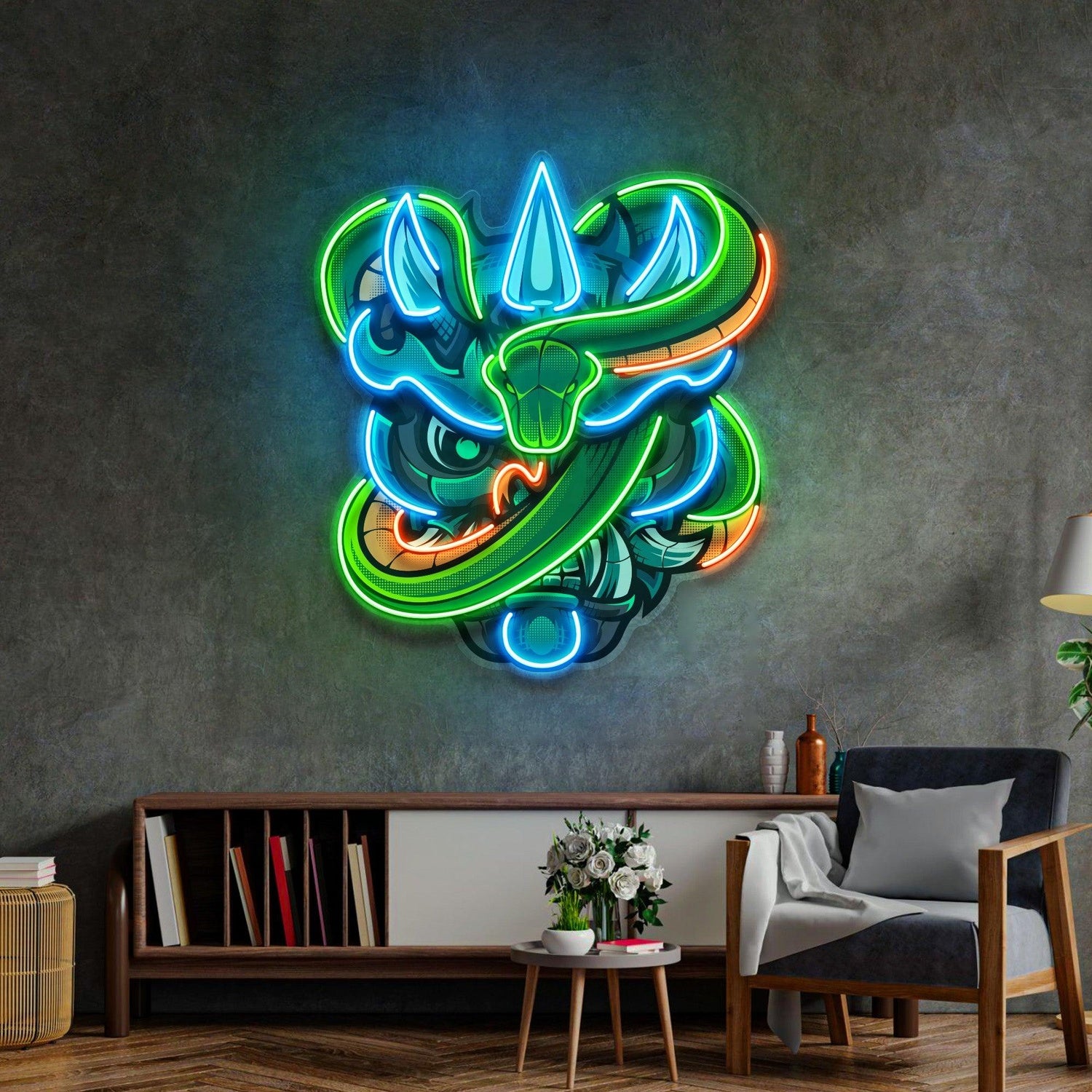 Oni Head Green Snake Uv Printed Led Neon Sign Fantasy Gaming Room Decor | Shineneon