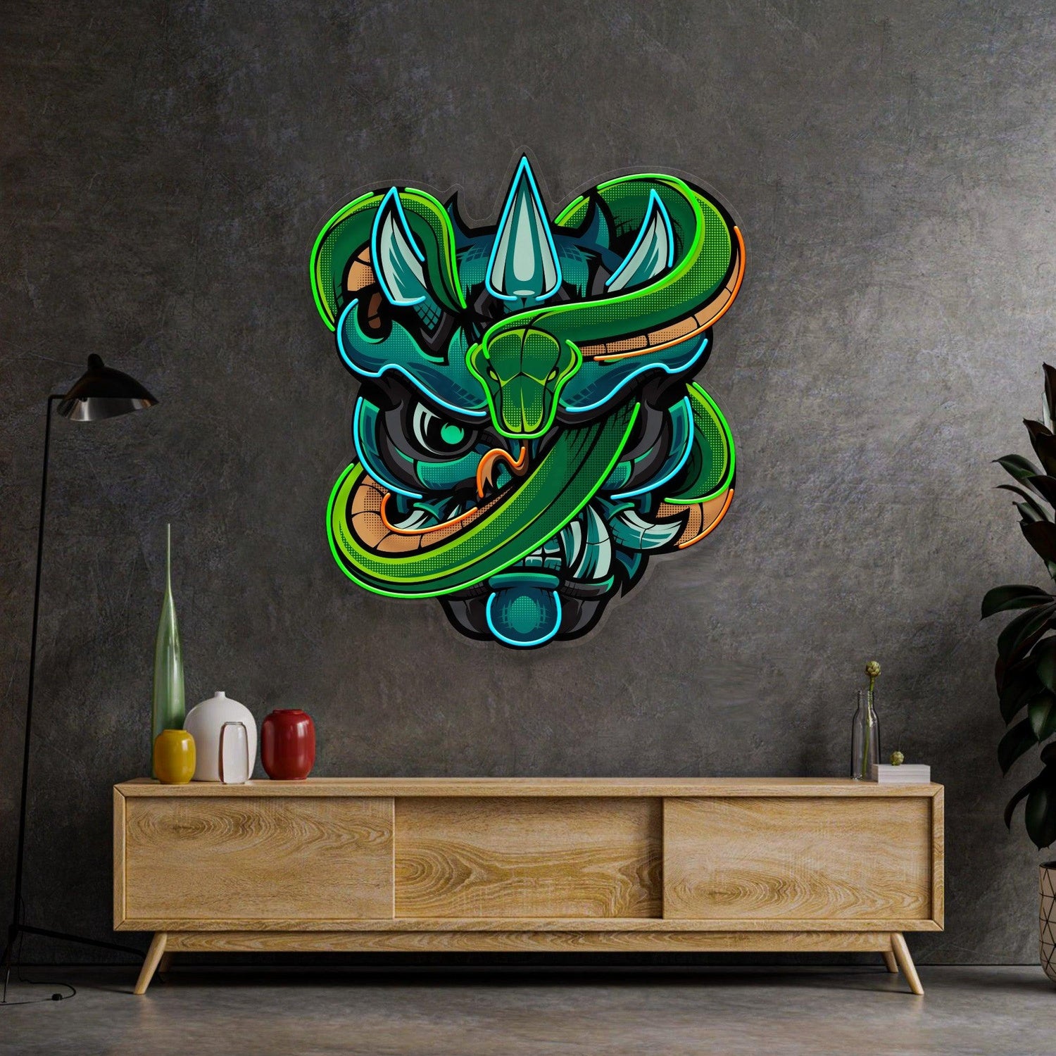 Oni Head Green Snake Uv Printed Led Neon Sign Fantasy Gaming Room Decor | Shineneon