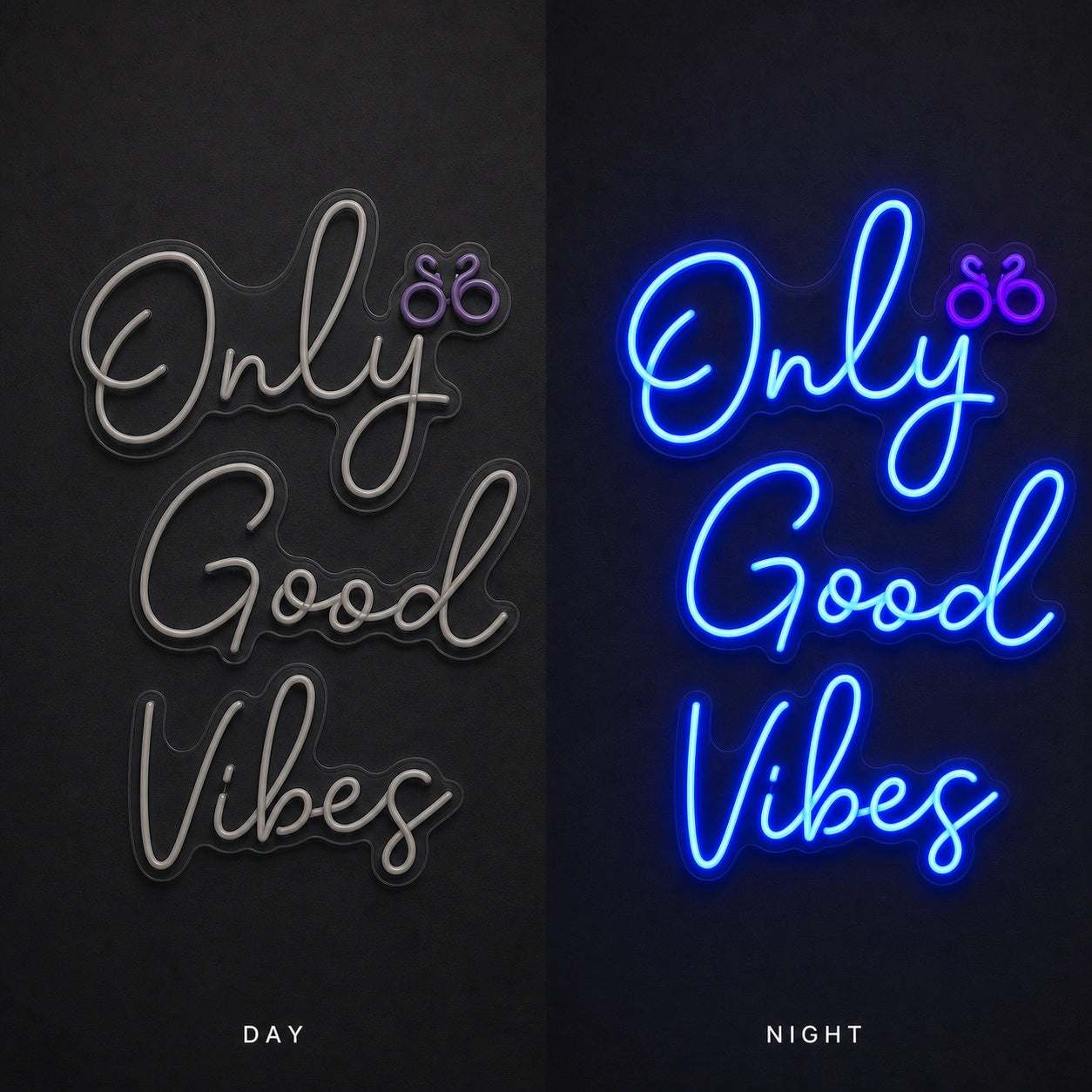 Only Good Vibes LED Neon Sign Garage Man Cave Neon Sign day and night comparison