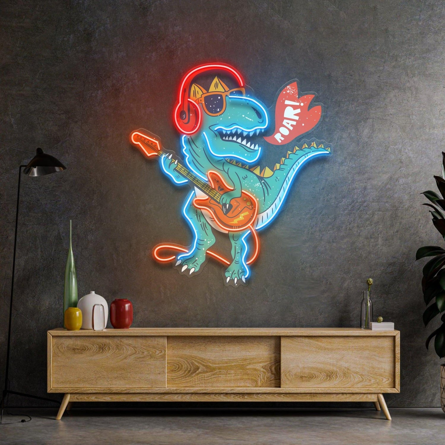Ool Dinosaur Playing Guitar Uv Printed Led Neon Sign For Kids Room Decor | Shineneon