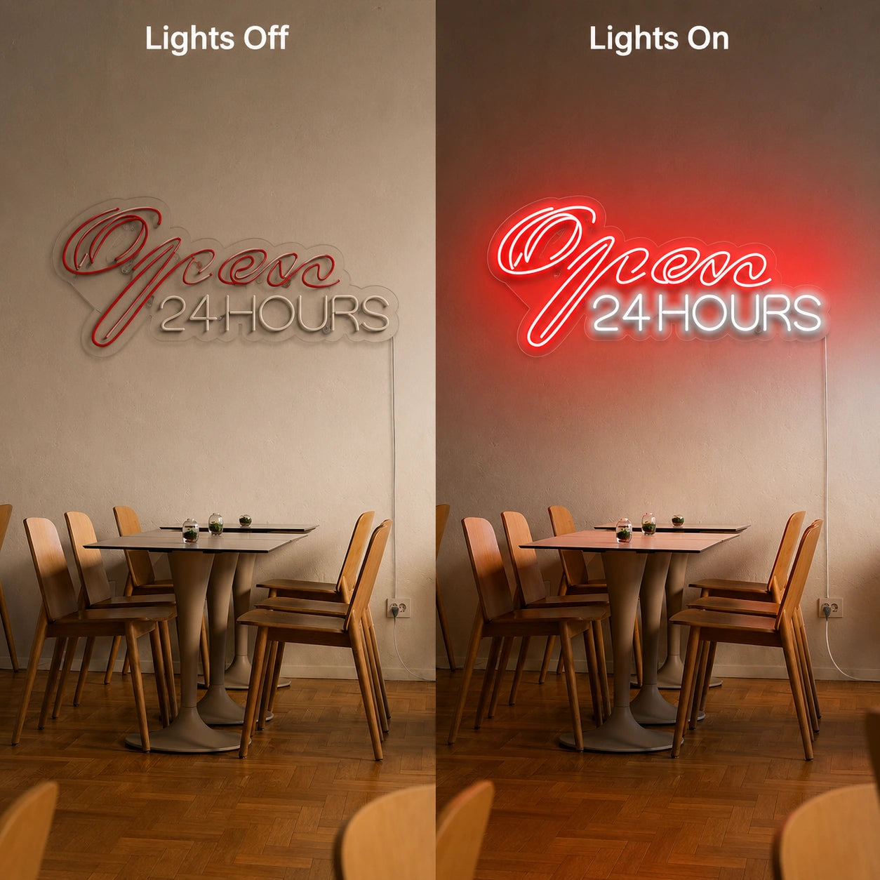 Open 24 Hours Lounge Neon Sign LED Neon Sign day and night comparison