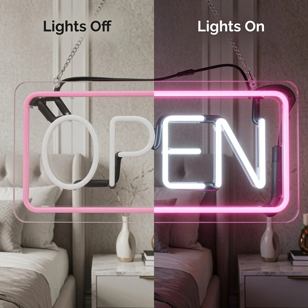 Open Bedroom Decor LED Neon Sign - 06 Day Night Comparison