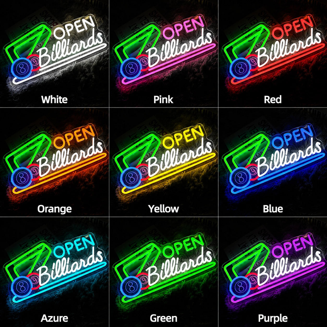 Open Billiards Neon Sign LED Neon Sign color grid