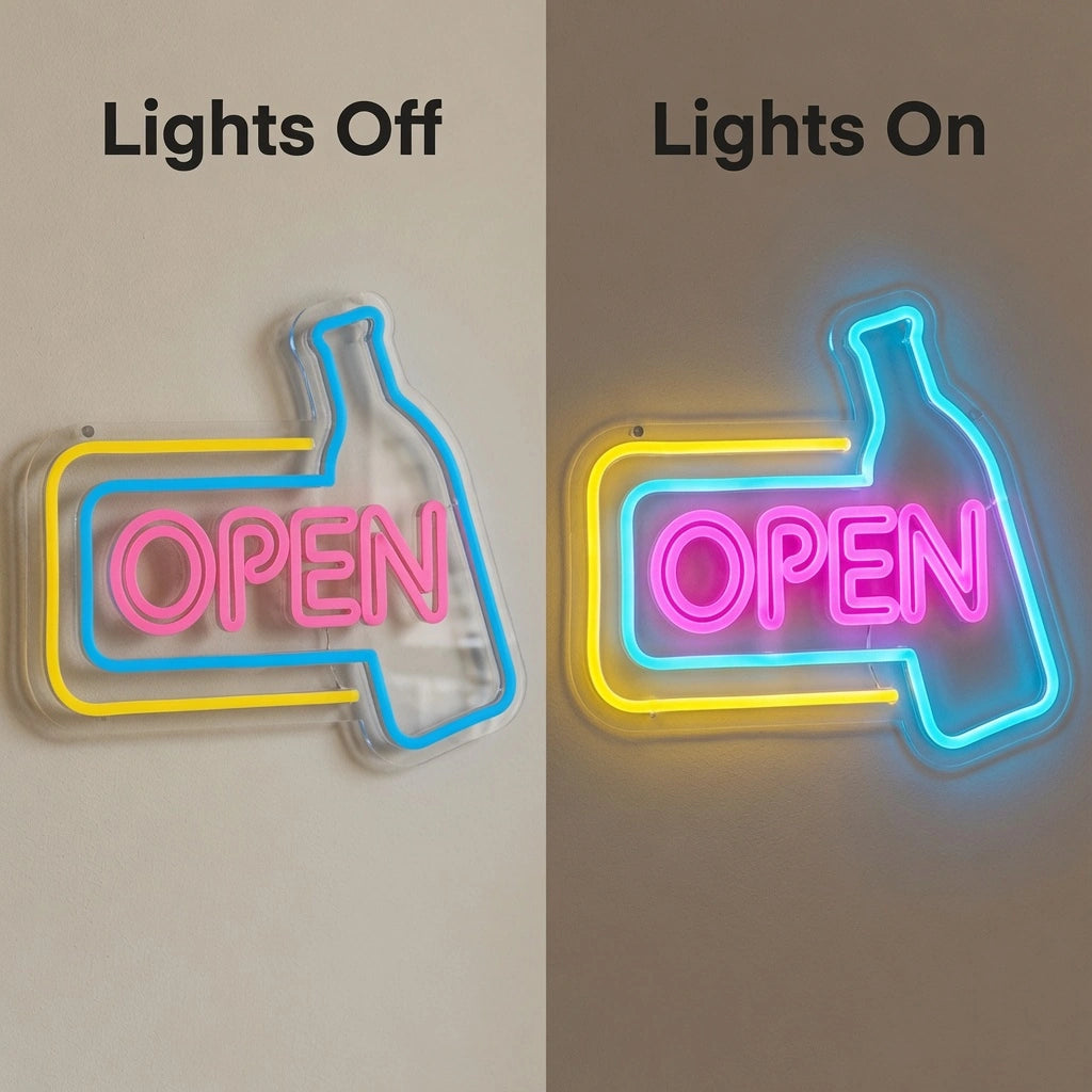 Open Business LED Neon Sign Wall Art Business Sign - 06 Day Night Comparison