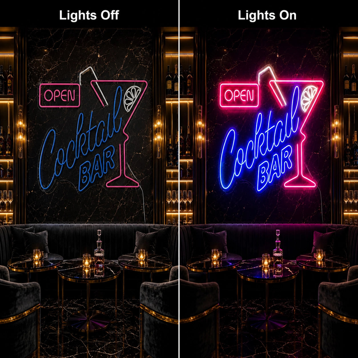 Open Cocktail Bar LED Neon Sign - 06 Day Night Comparison