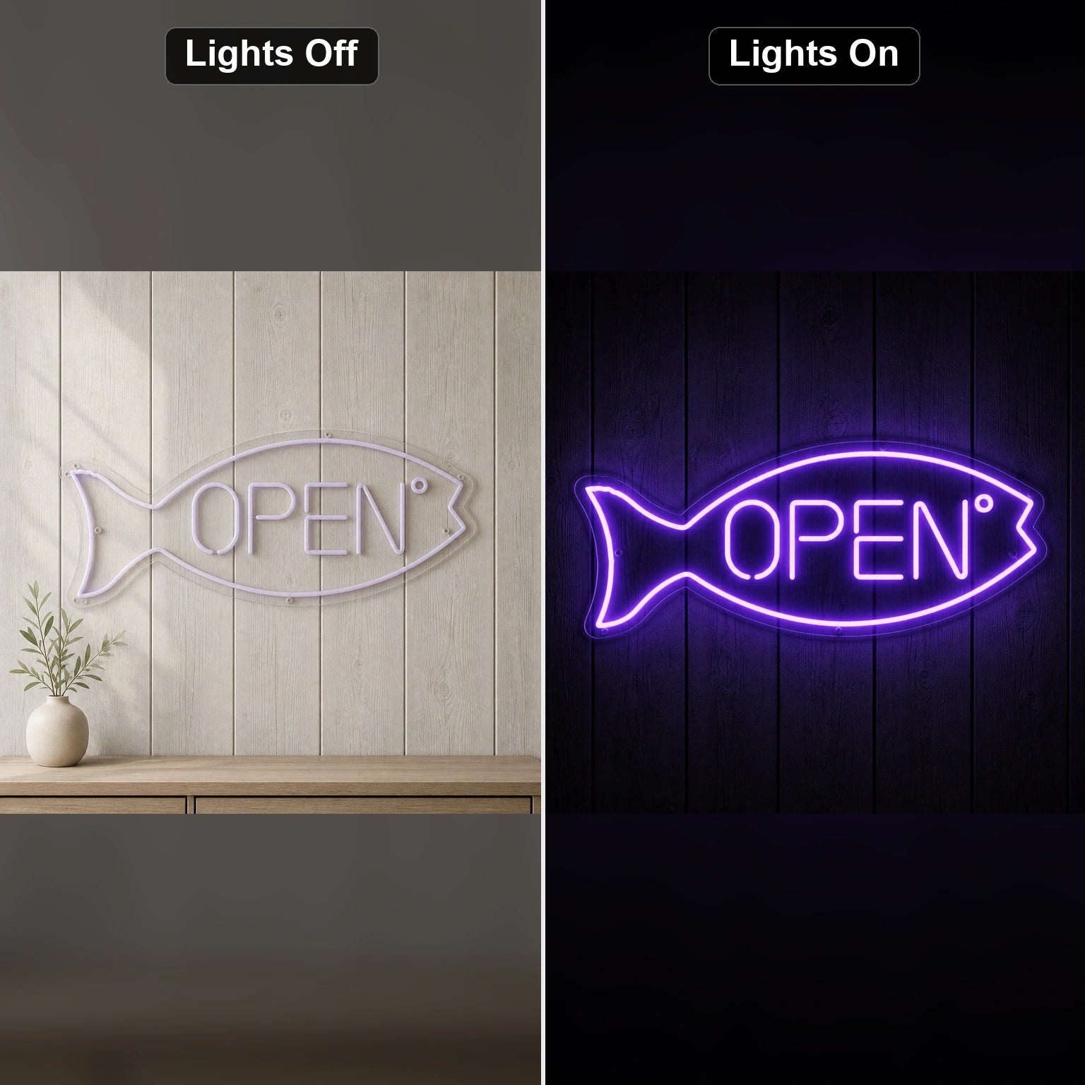 Open Fish LED Neon Sign Garage Man Cave Neon Sign day and night comparison