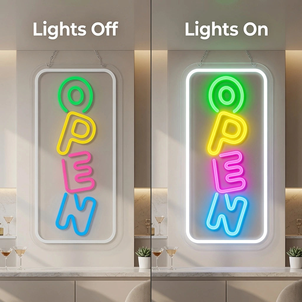 Open Interior Wall Art LED Neon Sign - 06 Day Night Comparison
