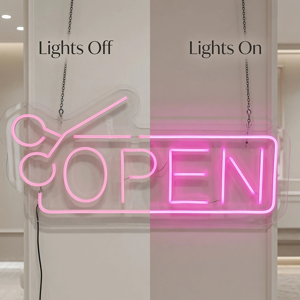 Open Store Wall Art LED Neon Sign - 06 Day Night Comparison