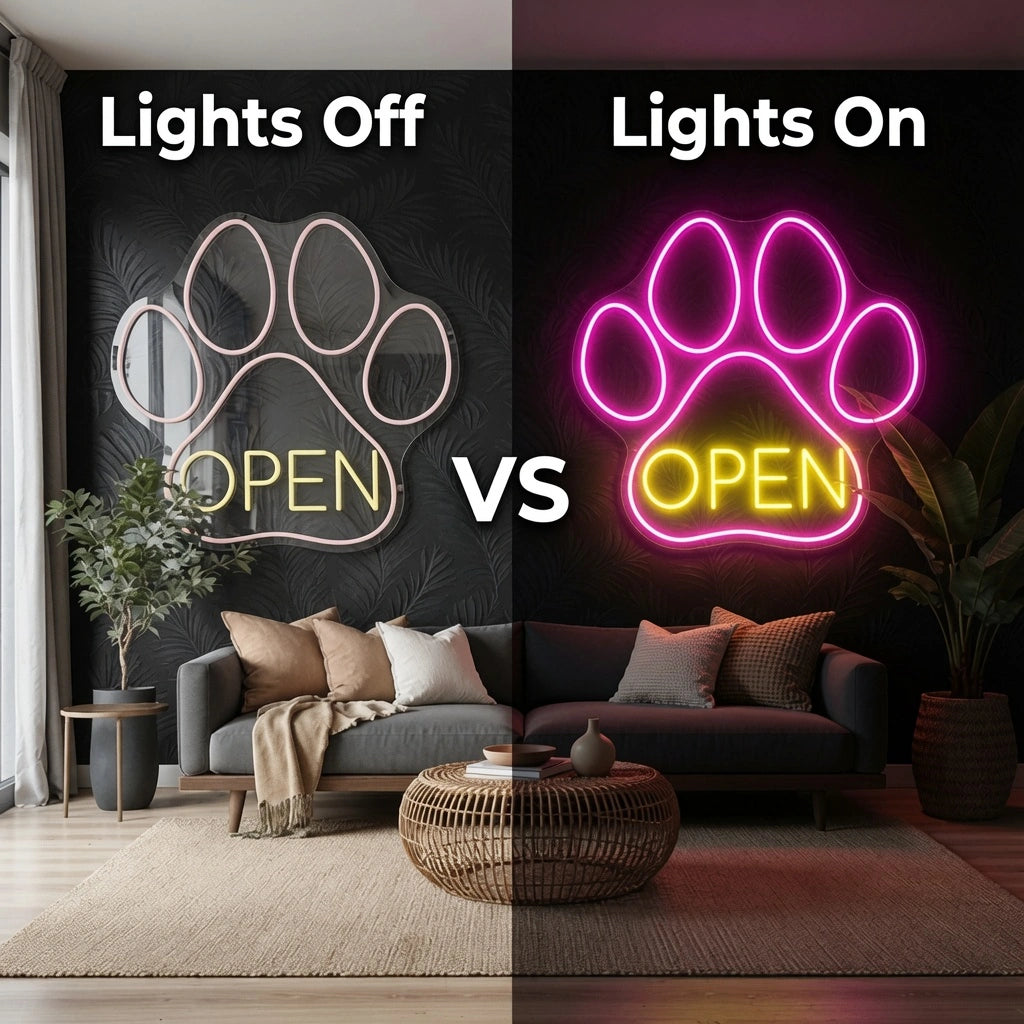 Open Store Wall Decor LED Neon Sign - 06 Day Night Comparison