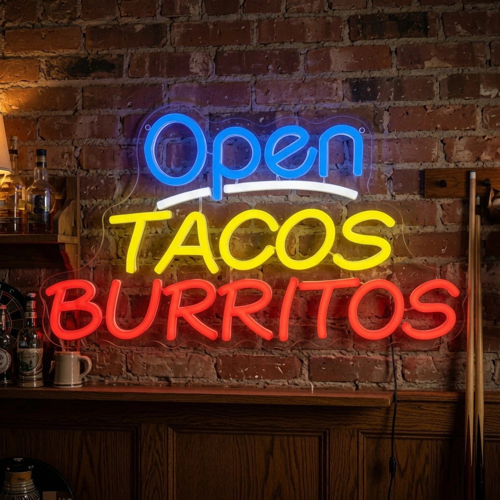 Open Taco S Burritos Wall Decor LED Neon Sign - 03 Real Lifestyle Scene