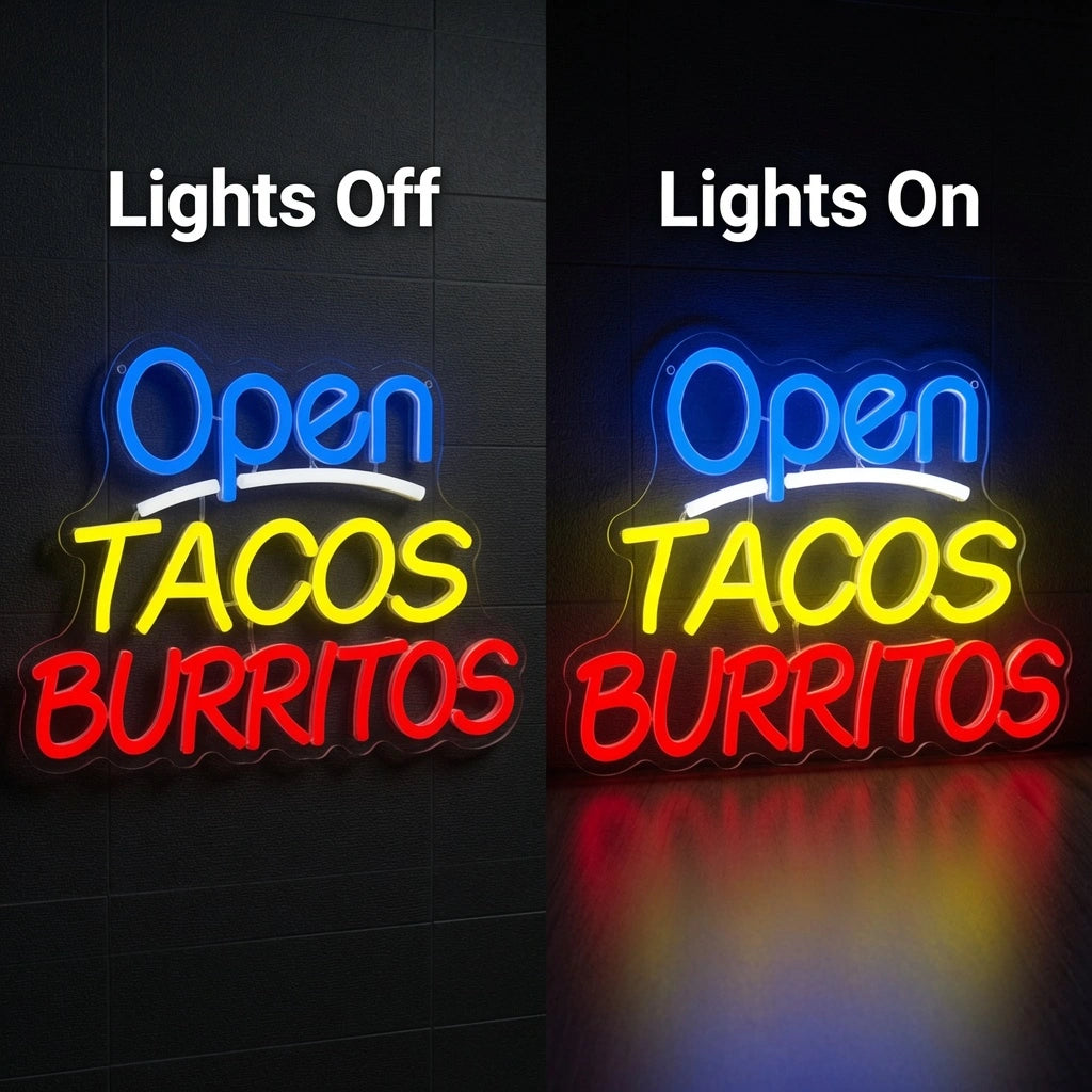 Open Taco S Burritos Wall Decor LED Neon Sign - 06 Day Night Comparison