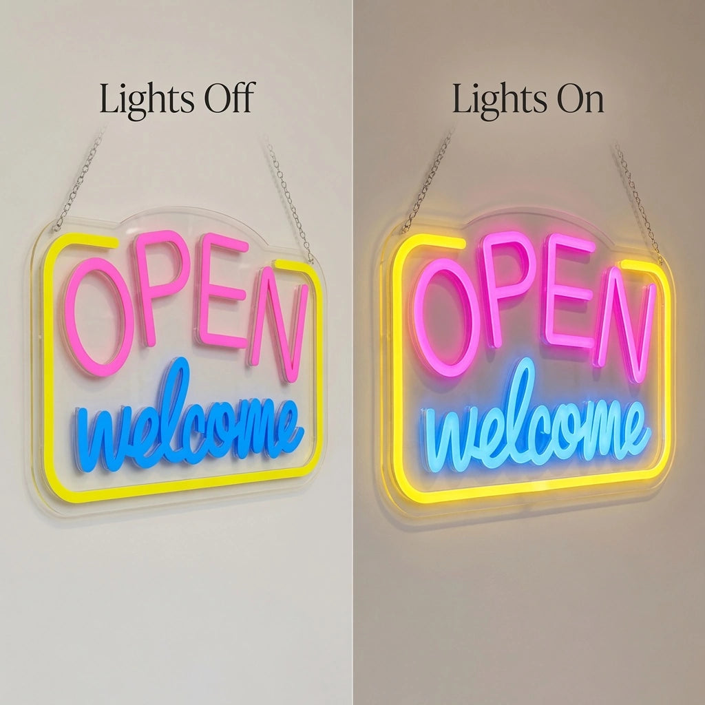 Open Welcome LED Neon Sign - 06 Day Night Comparison