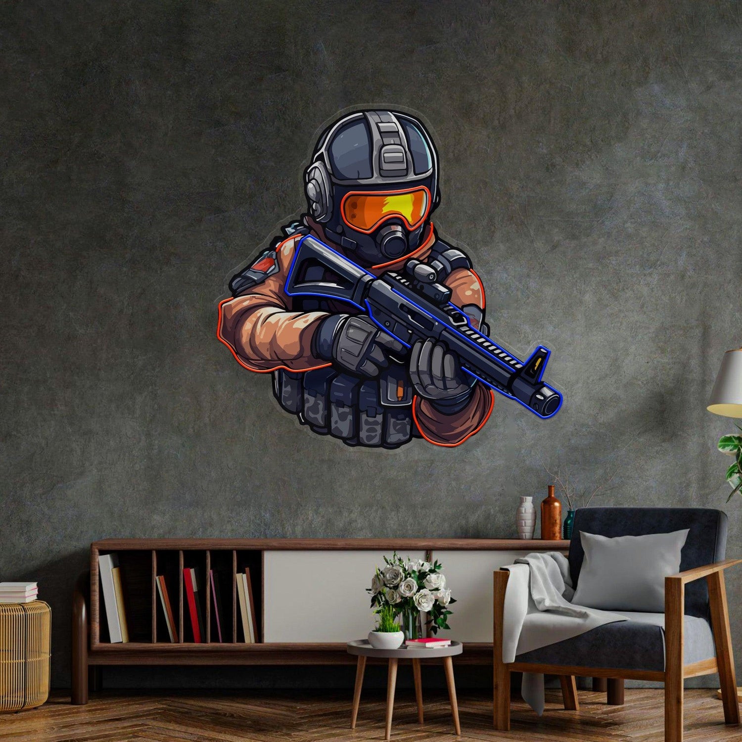 Orange-Blue Soldier Shooting Games Uv Printed Led Neon Sign For Indoor Wall Decor | Shineneon
