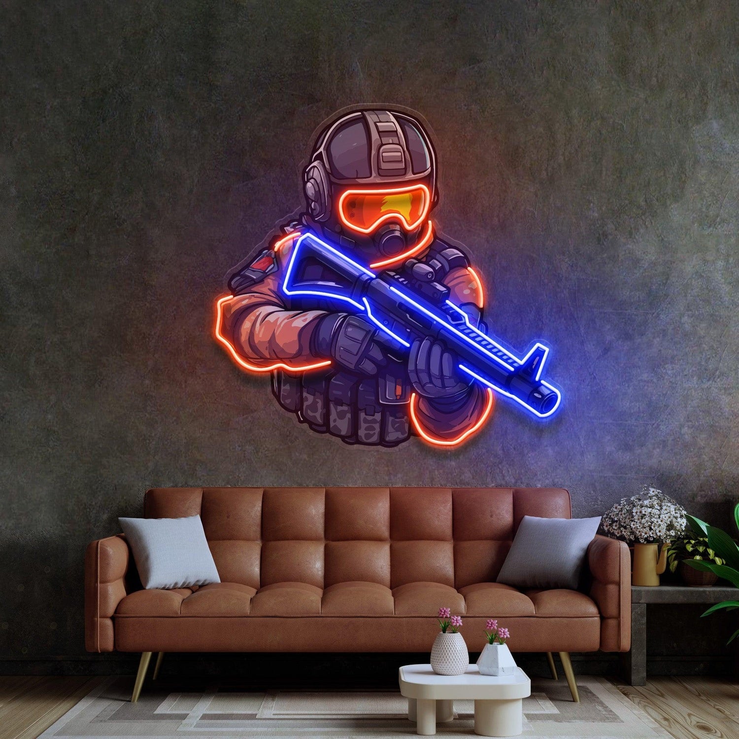 Orange-Blue Soldier Shooting Games Uv Printed Led Neon Sign For Indoor Wall Decor | Shineneon