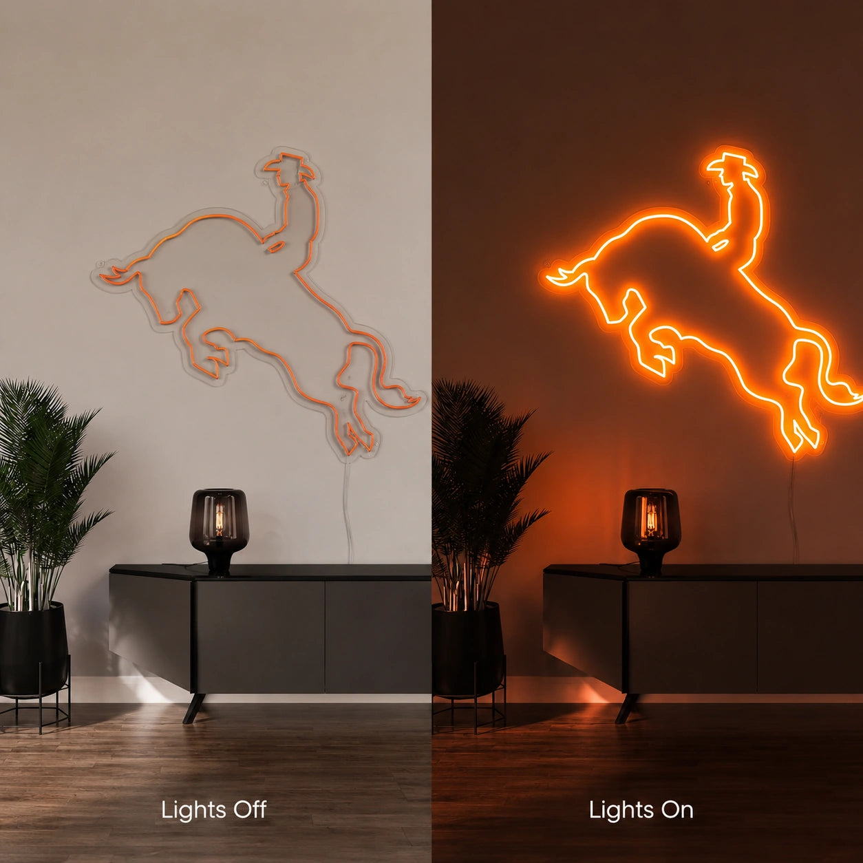 Orange Bull Rider Neon Sign LED Neon Sign day and night comparison