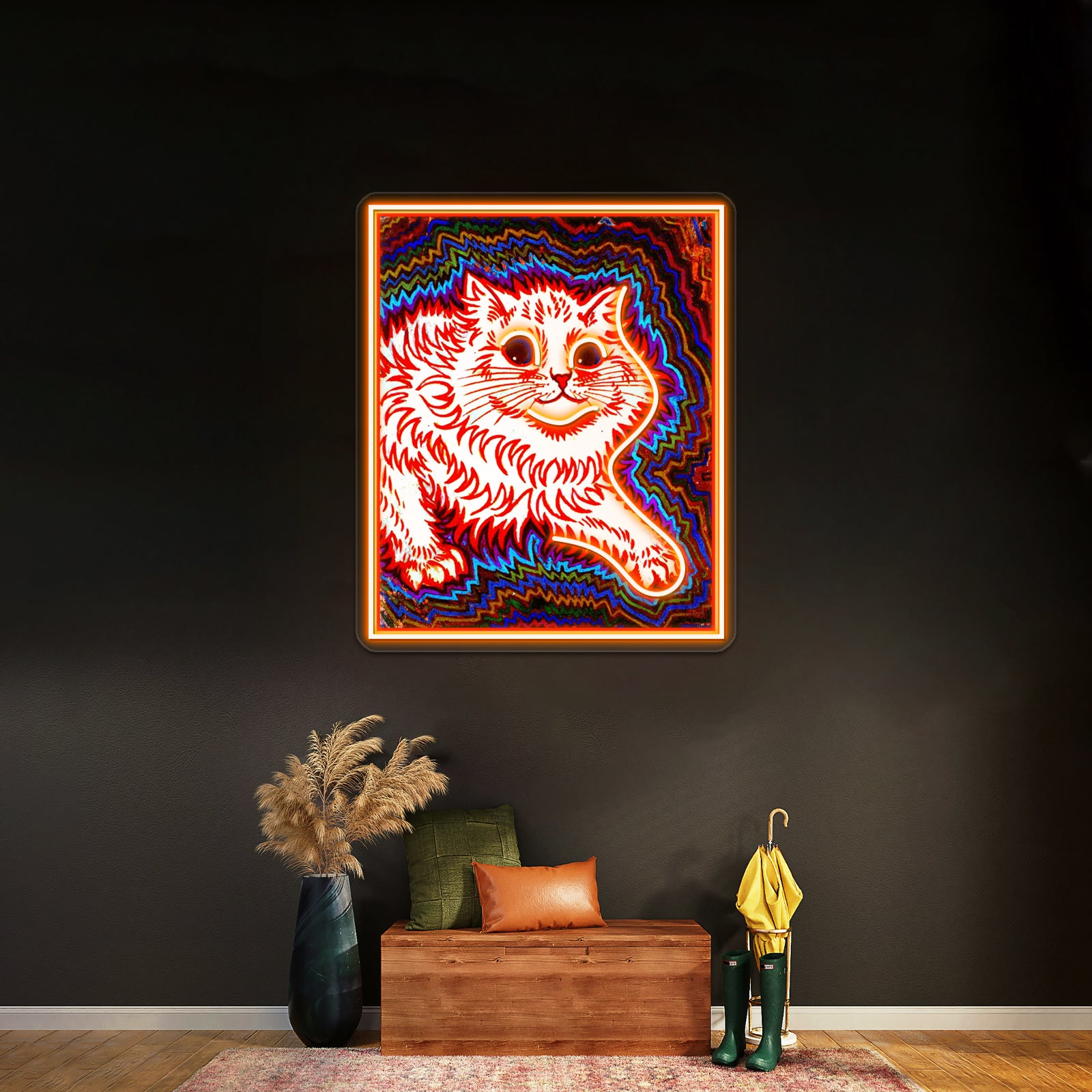 Orange Cat Vintage Louis Wain Abstract Psychedelic Print Wall Artwork Neon Signs | Shineneon