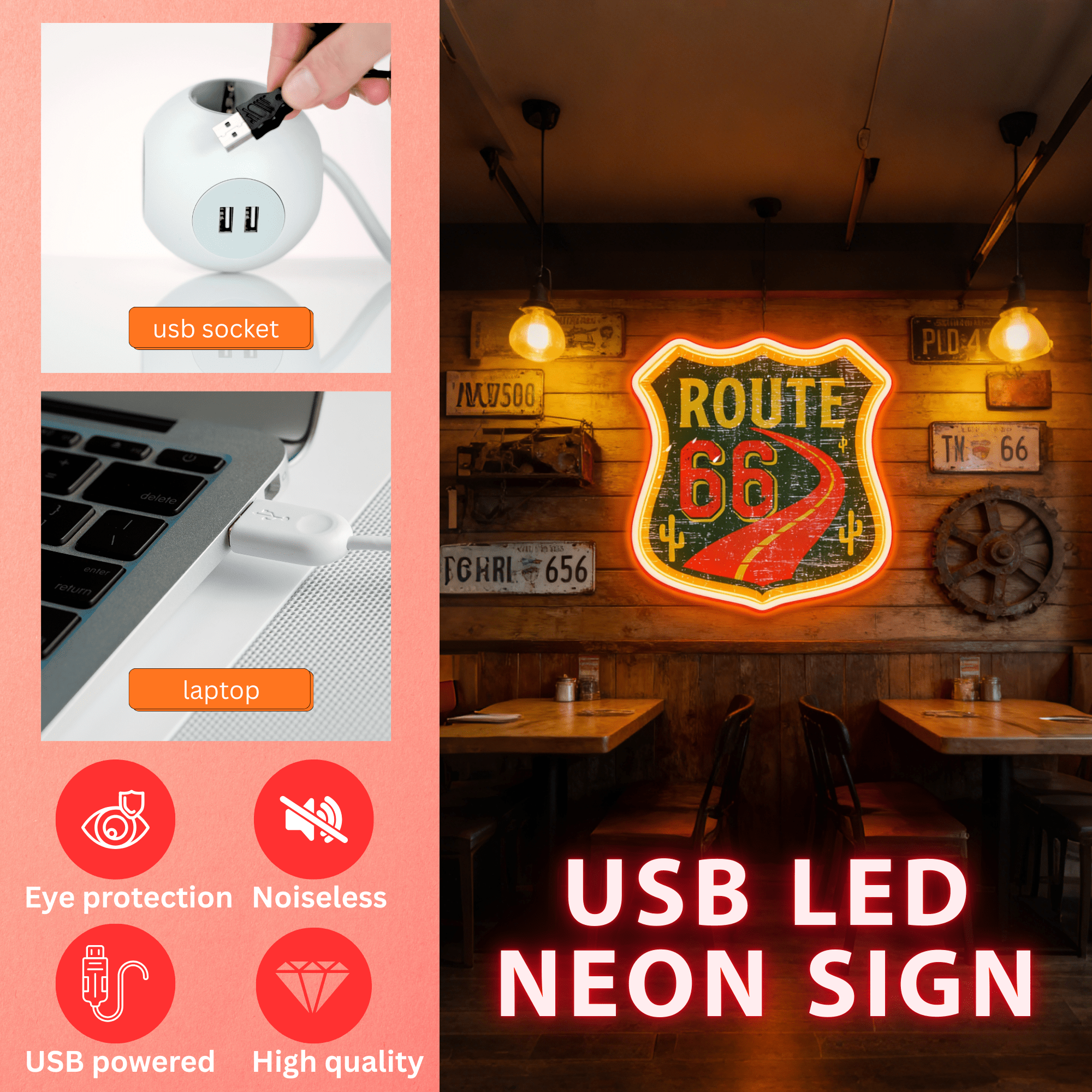 Orange Route 66 USB Led Neon Sign American Retro Road Trip Lover Home Bar Wall Art - Shineneon