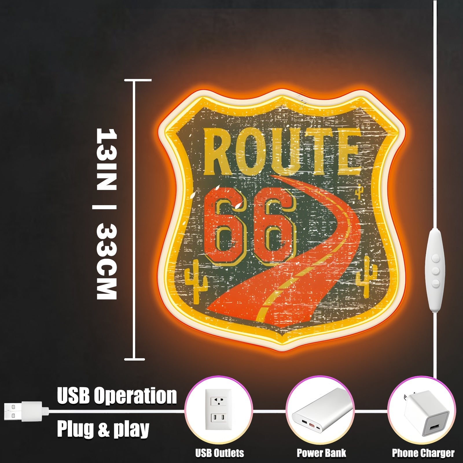Orange Route 66 USB Led Neon Sign American Retro Road Trip Lover Home Bar Wall Art - Shineneon