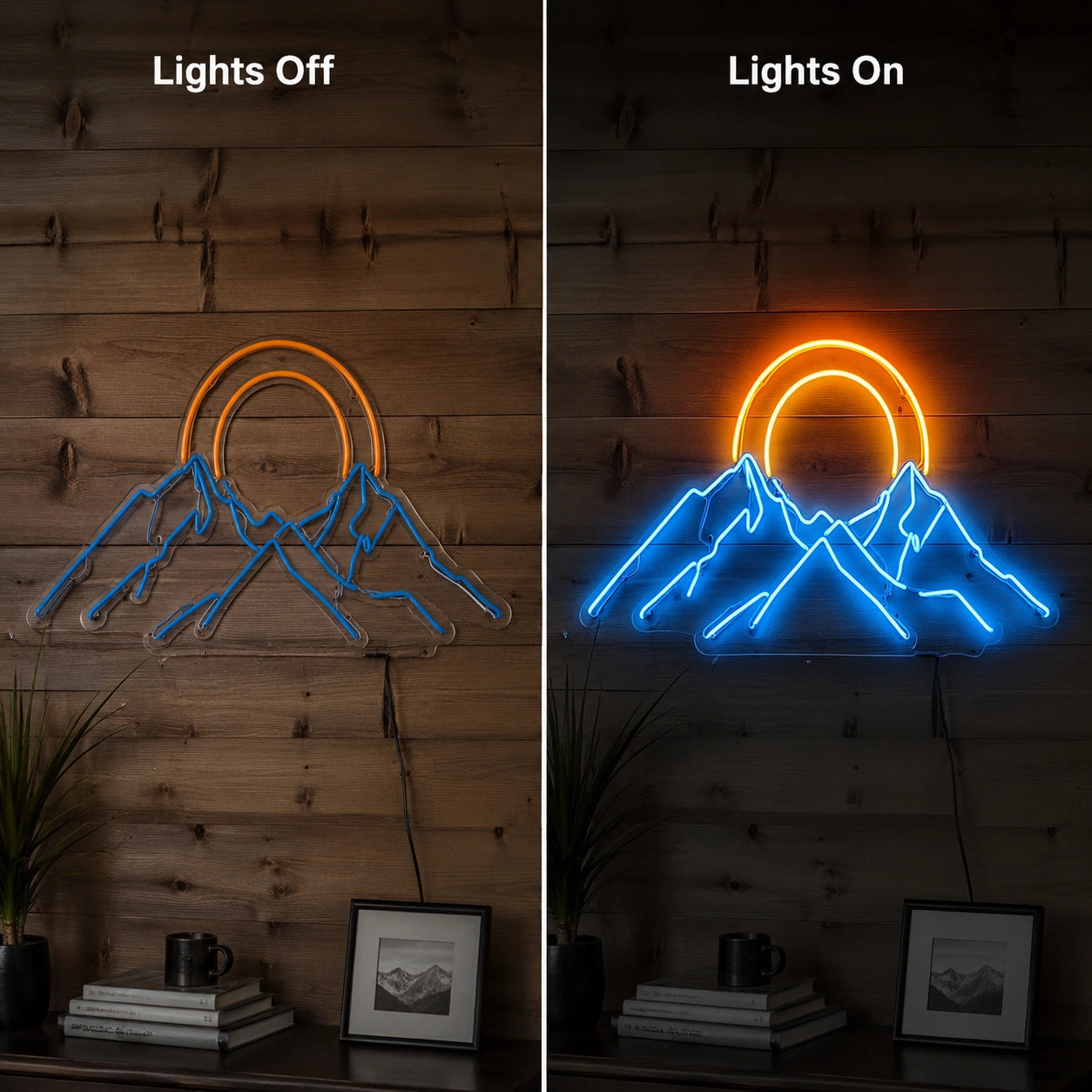 Orange Sunset Mountain Neon Sign LED Neon Sign day and night comparison