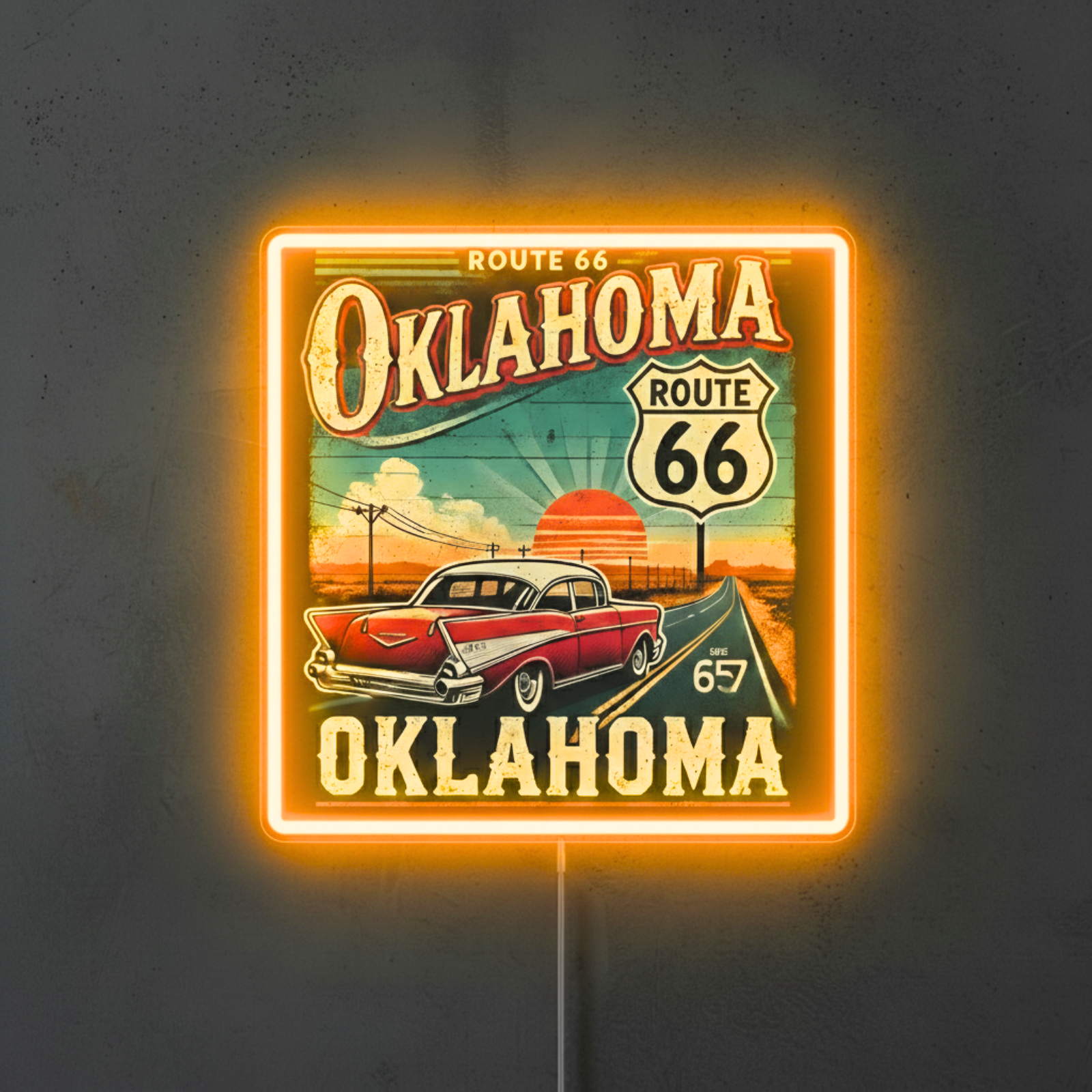 ShineNeon™ Route 66 Oklahoma Vintage Car LED Neon Sign - Retro Garage Wall Decor