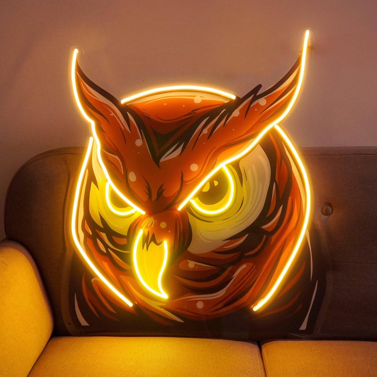 Owl Head Yellow-Outlined Uv Printed Led Neon Sign For Home And Cafe Decor | Shineneon