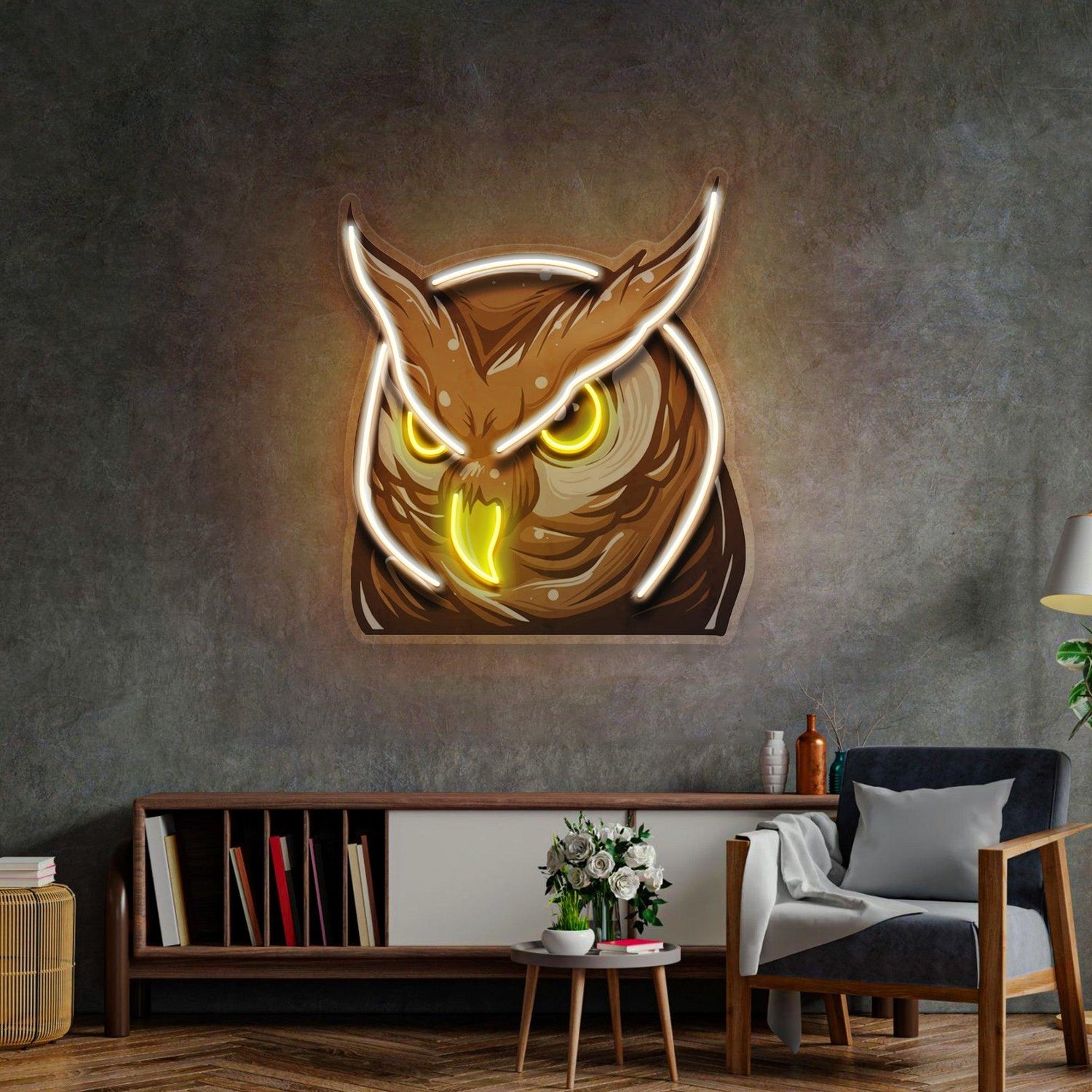 Owl Head Yellow-Outlined Uv Printed Led Neon Sign For Home And Cafe Decor | Shineneon