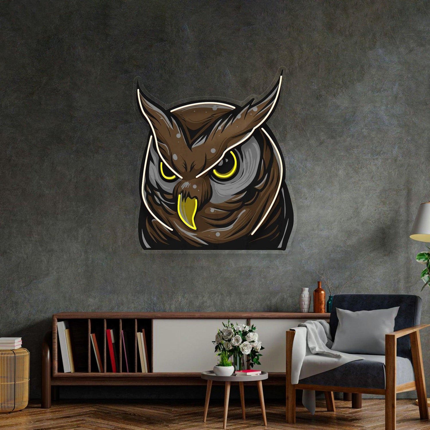 Owl Head Yellow-Outlined Uv Printed Led Neon Sign For Home And Cafe Decor | Shineneon