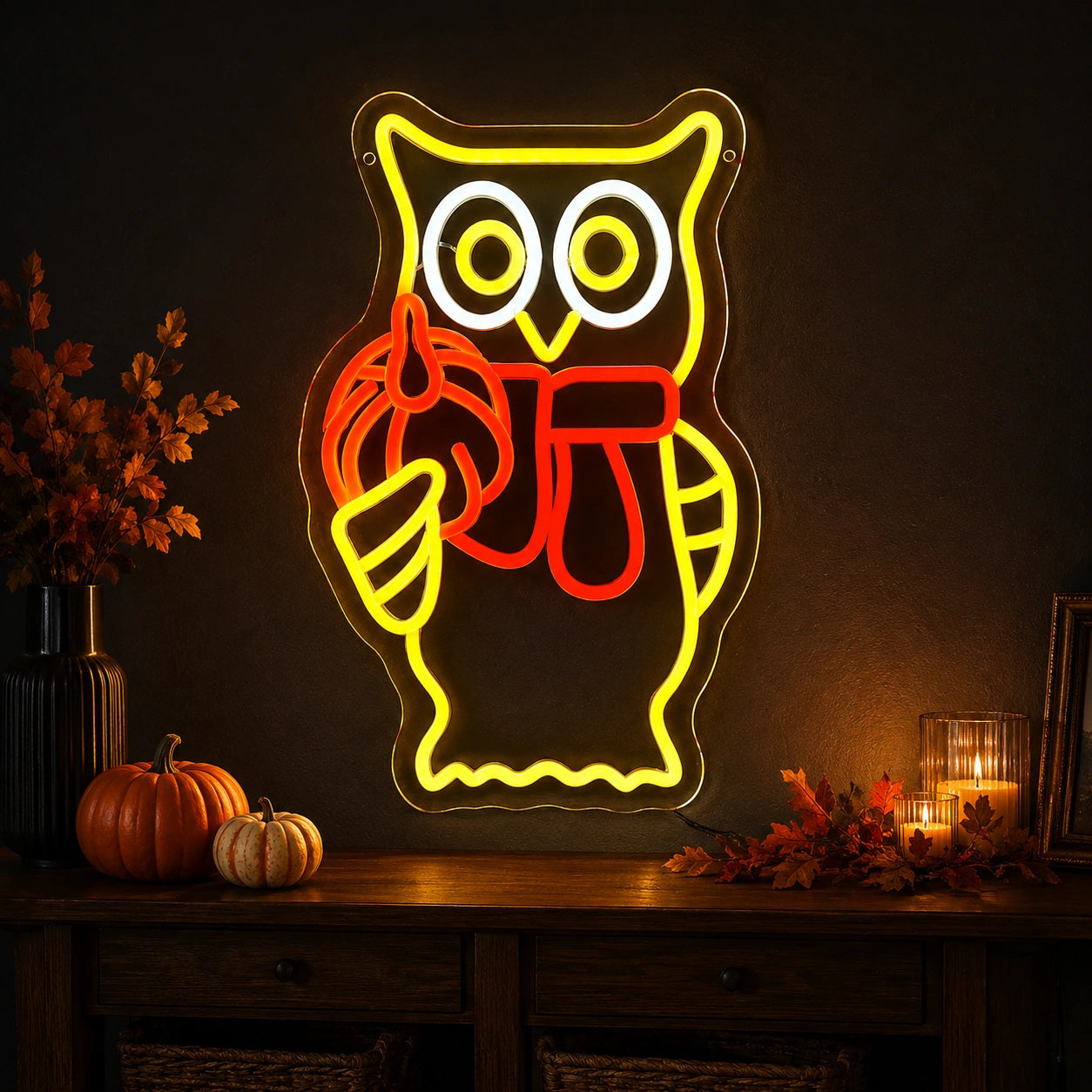 Owl Holding Pumpkin Scarf LED Neon Sign real lifestyle scene