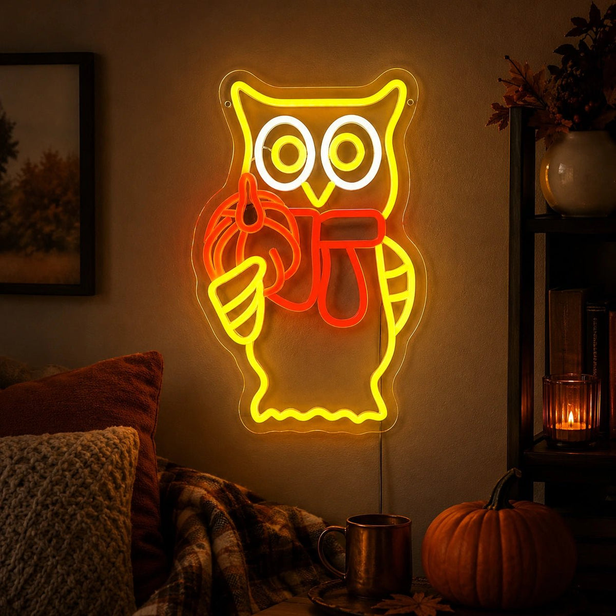 Owl Holding Pumpkin Scarf LED Neon Sign - Shineneon