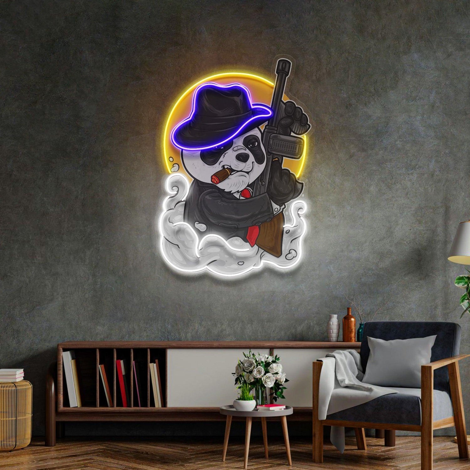 Panda Mafia Cartoon Uv Printed Led Neon Sign With Violet Yellow White For Home Decor | Shineneon