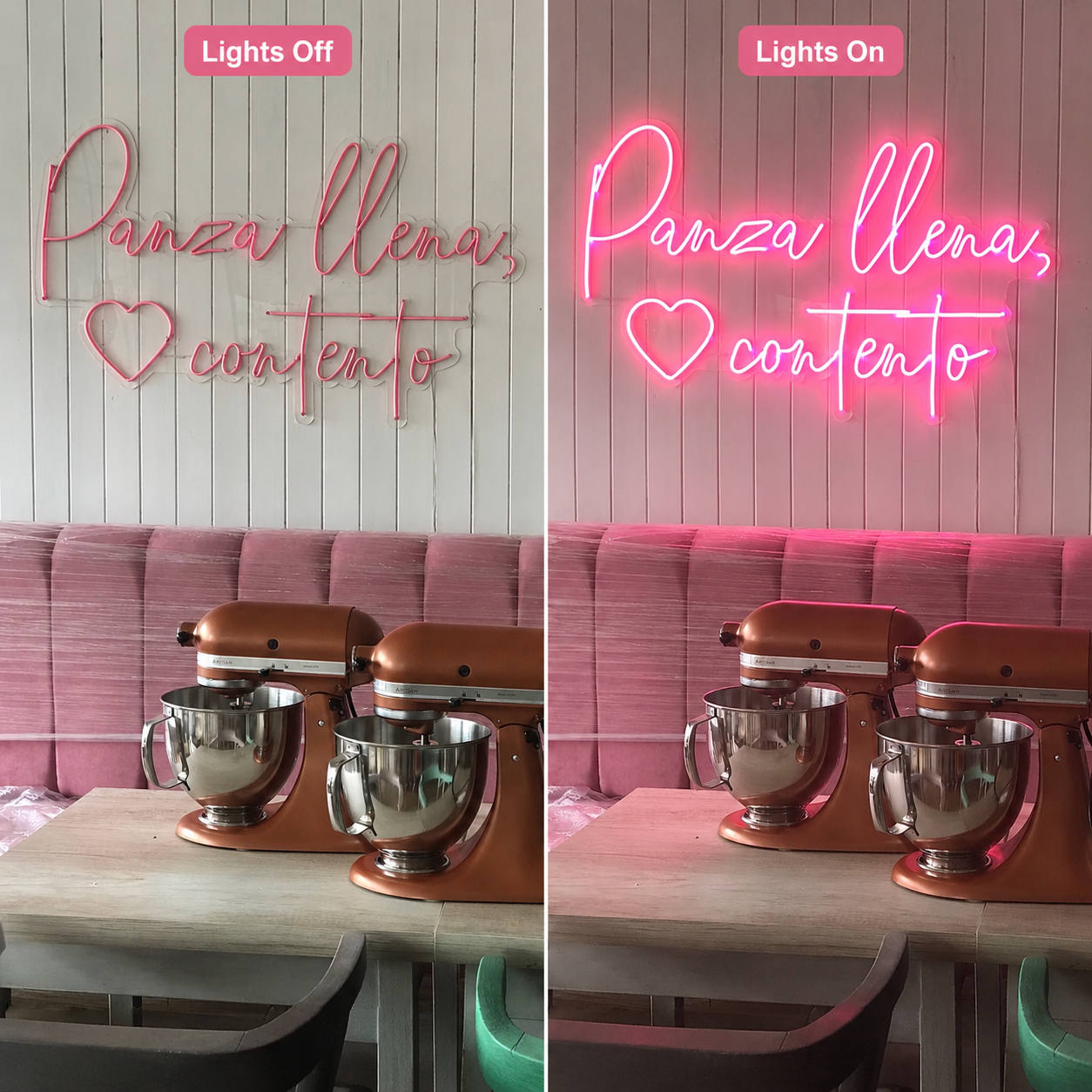 Panza Llena CorazóN Contento LED Neon Sign - 06 Day Night Comparison