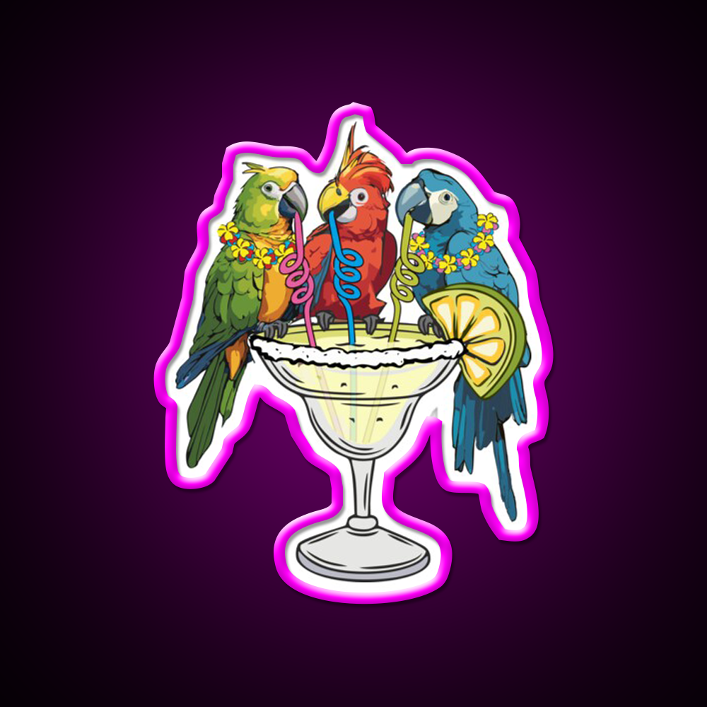 Parrots Drinking Margarita Vibe Cocktail Bar Decor Led Neon Sign Rgb Color - Neon sign mounted on wall in room