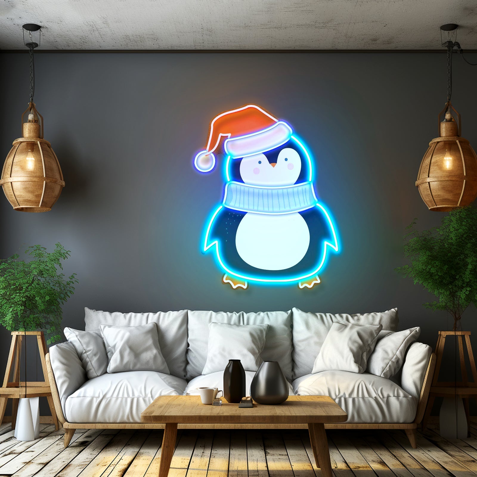 Penguin With Xmas Hat Led Neon Acrylic Artwork For Sale - Shineneon