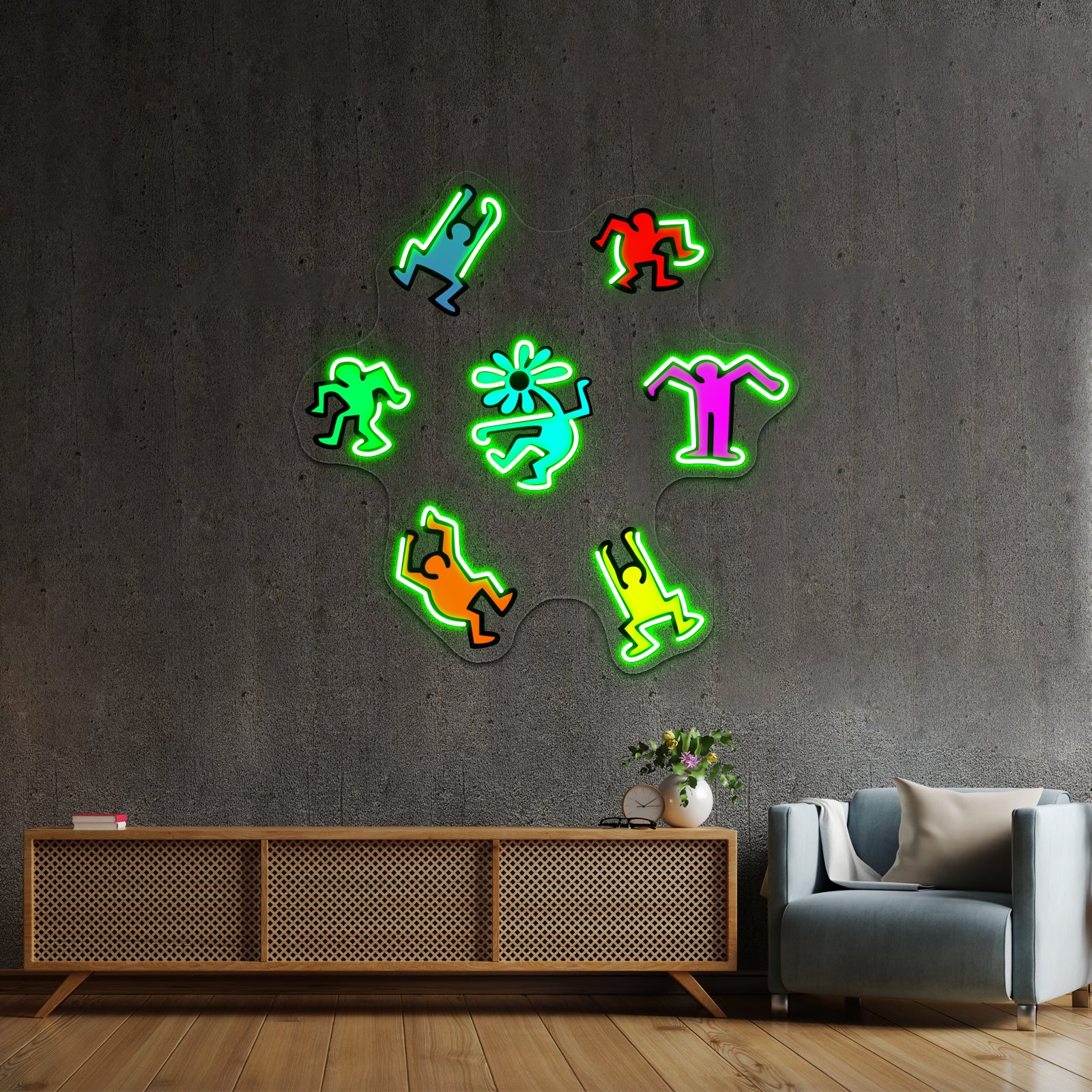 People Dance Flower Kieth Colorful Haring Pop Artwork Neon Wall Sign | Shineneon
