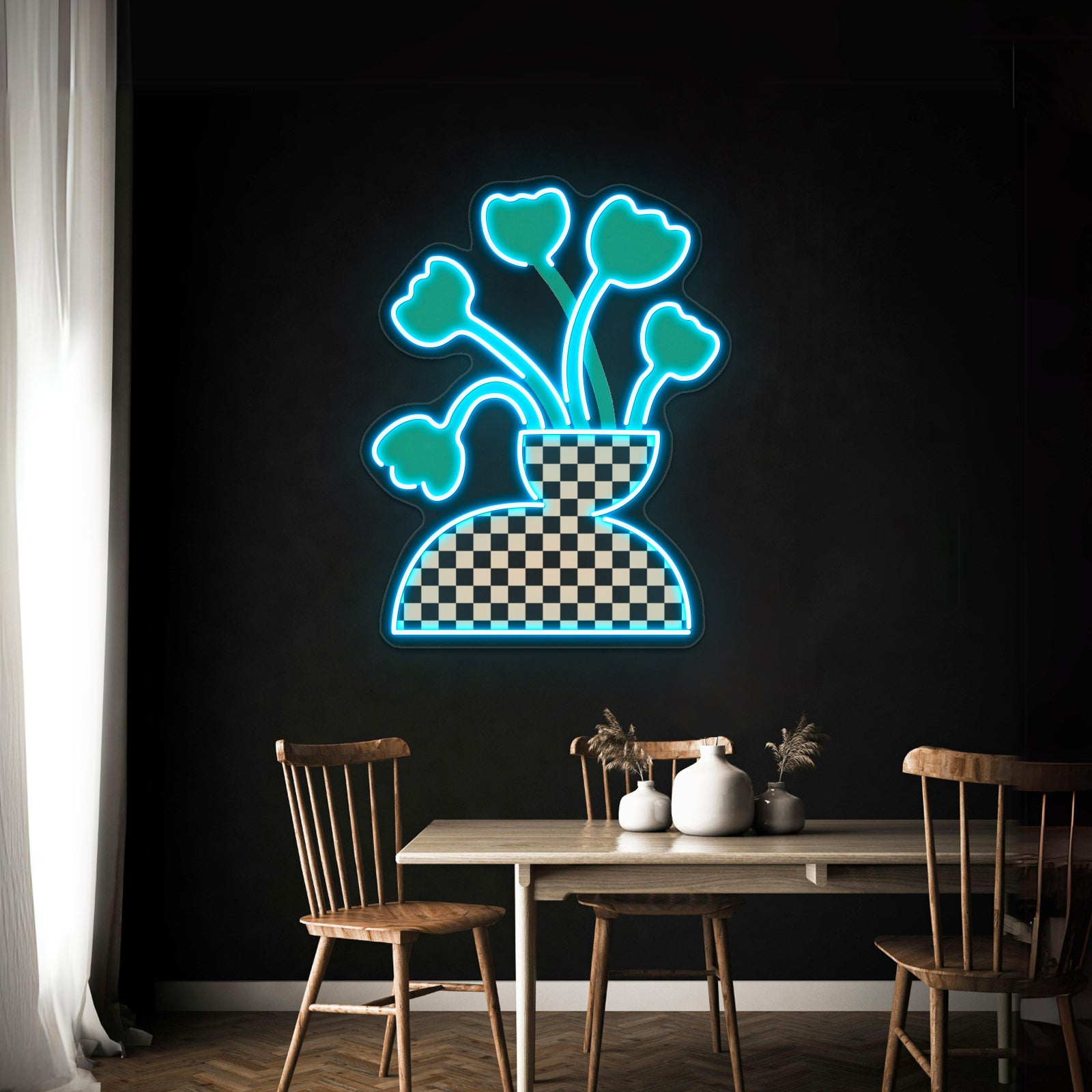 Picnic Checkered Vase With Tulips Wall Artwork Neon Signs | Shineneon
