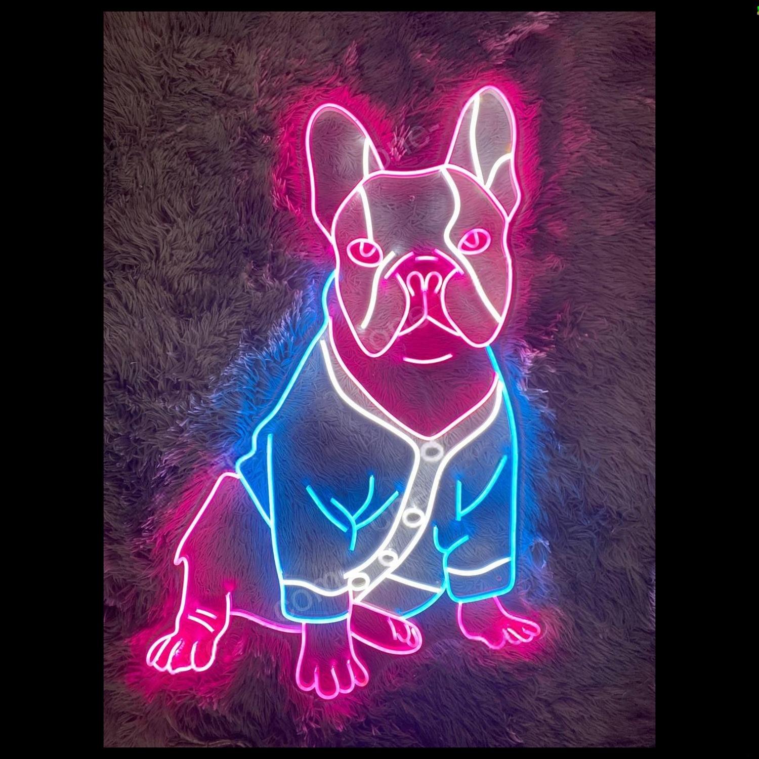 Pink And Blue Cartoon French Bulldog Led Neon Sign For Home Pet Shop Cafe Decor | Shineneon