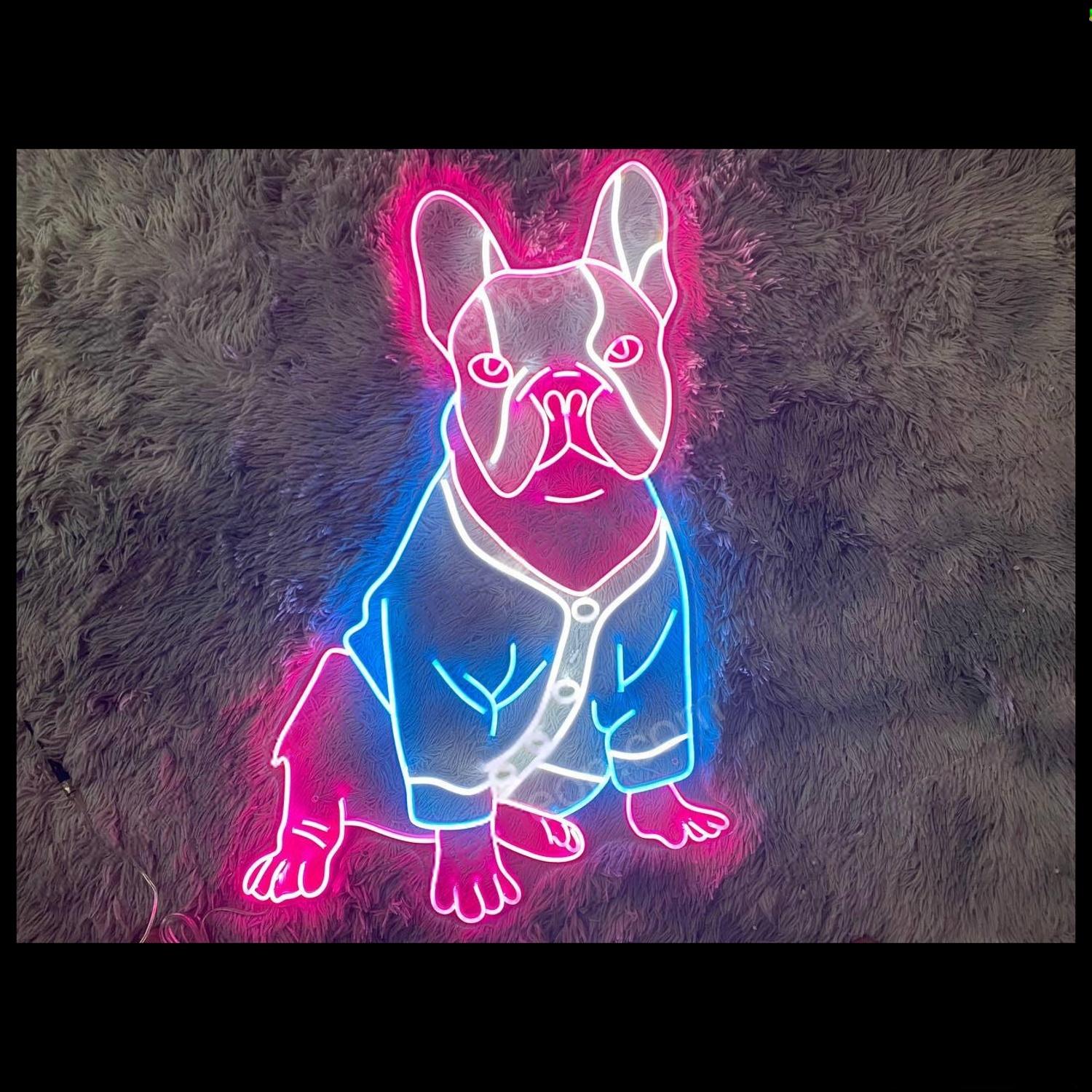 Pink And Blue Cartoon French Bulldog Led Neon Sign For Home Pet Shop Cafe Decor | Shineneon