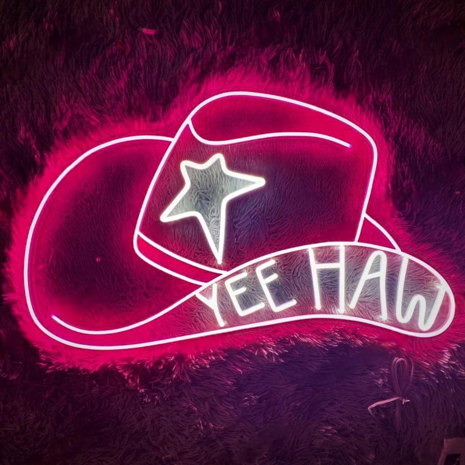 Pink Cowboy Hat Yee Haw Led Neon Sign For Western Bar Decor | Shineneon