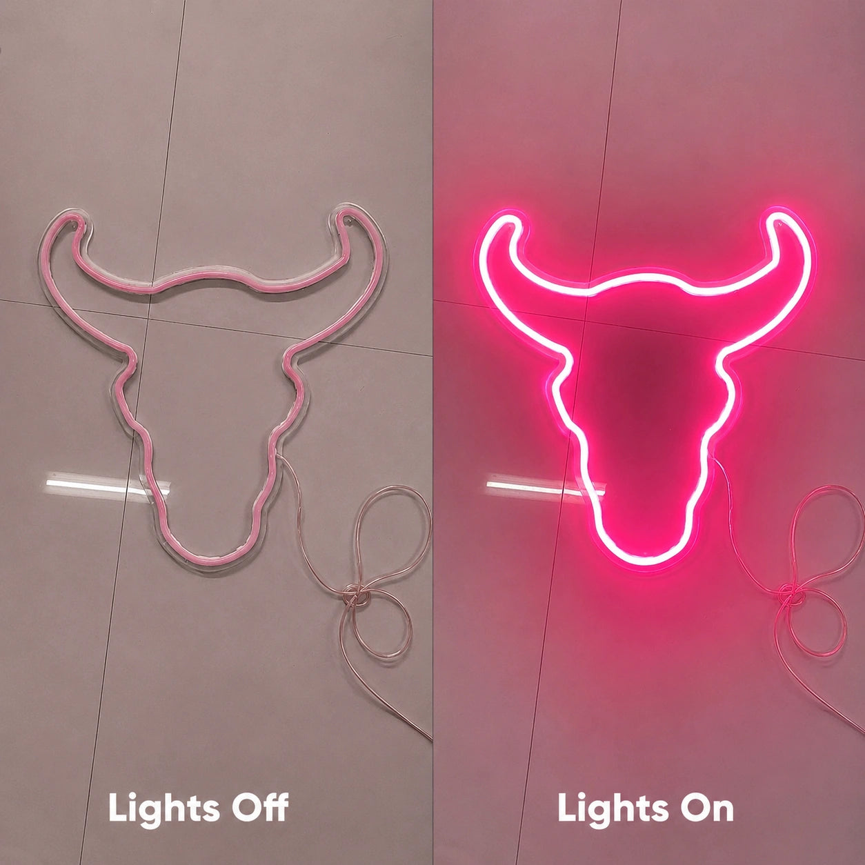 Pink Longhorn Head Neon Sign LED Neon Sign day and night comparison