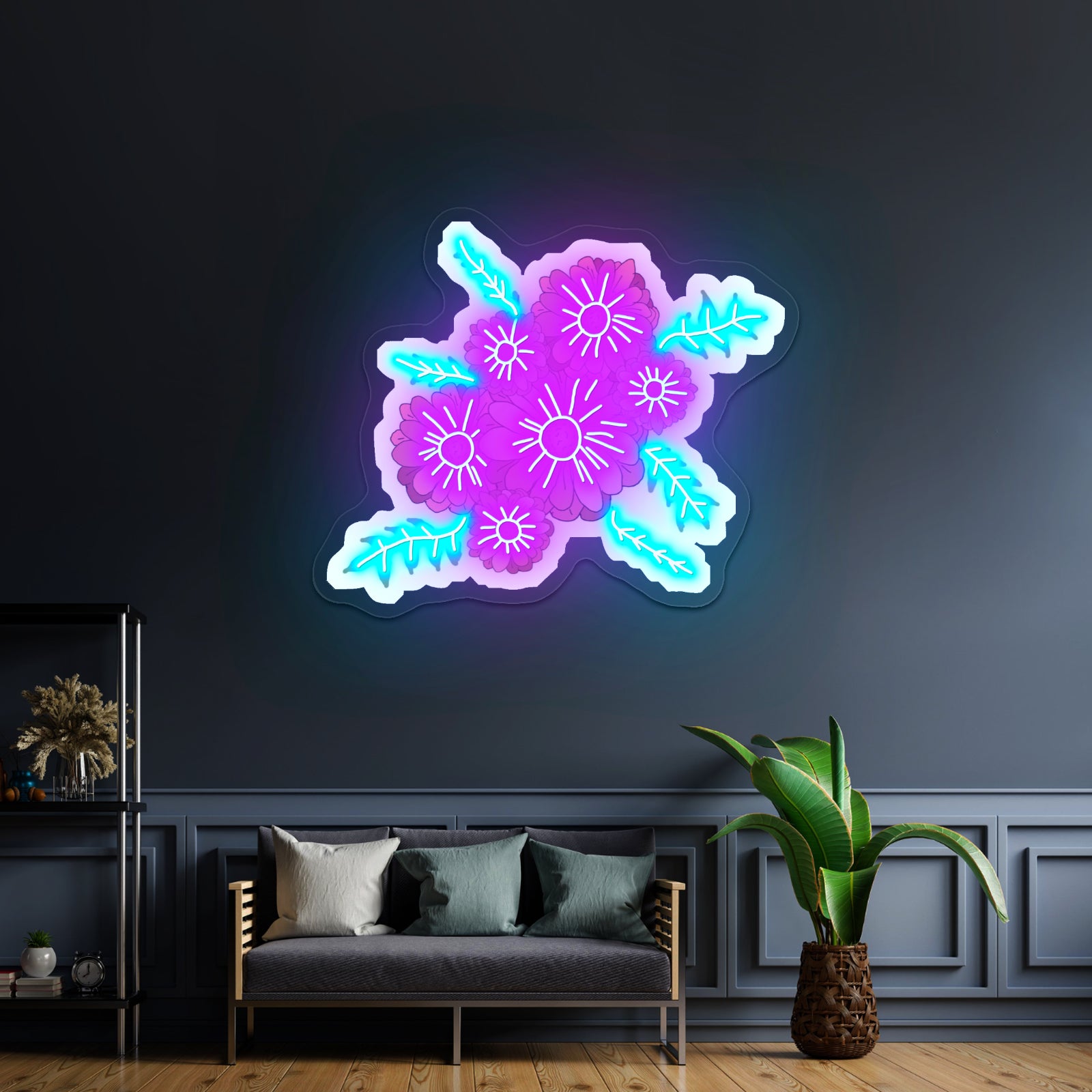 Pink Multicolor Floral Artwork Anime Neon Sign