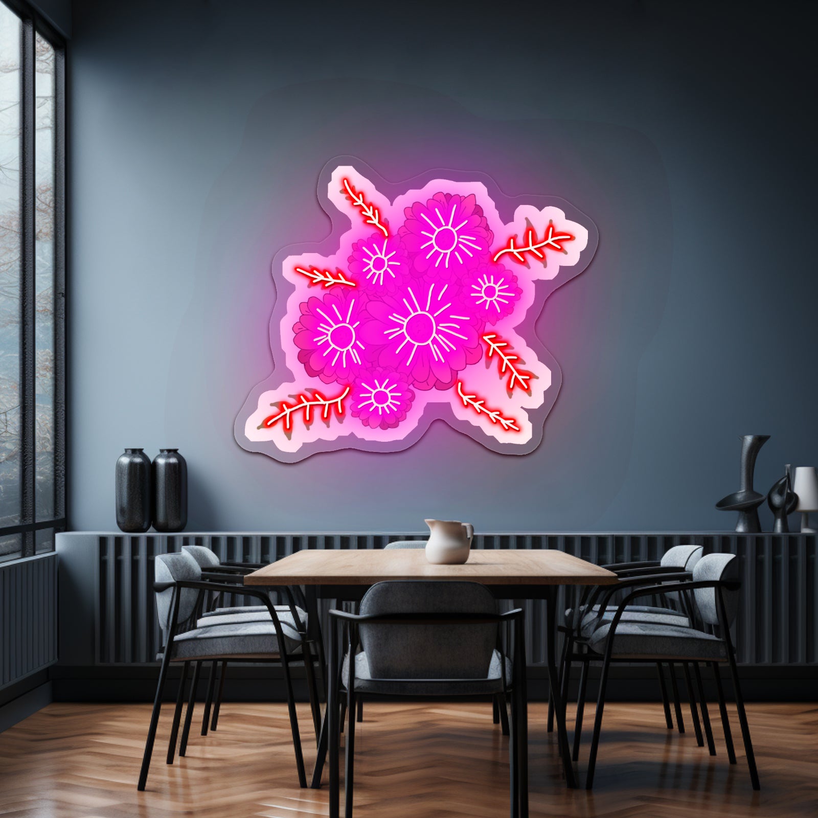 Pink Multicolor Floral Artwork Anime Neon Sign