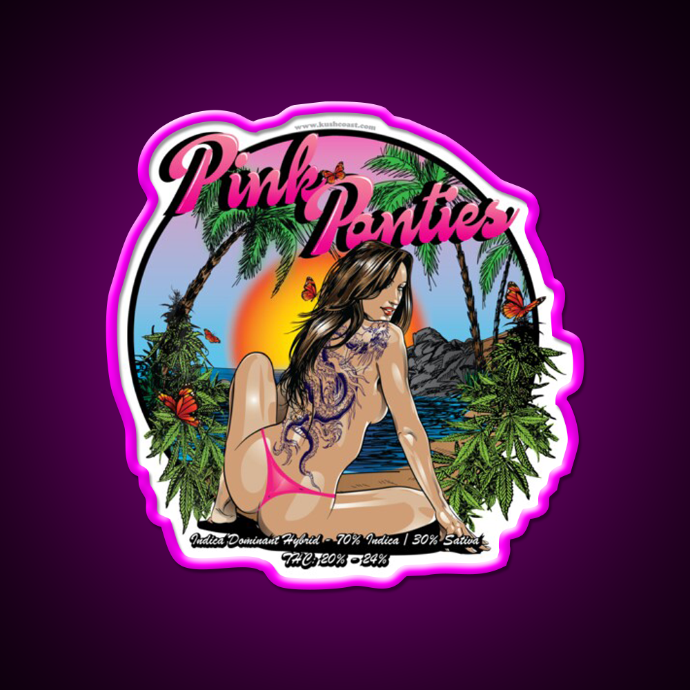 Pink Panties Strain Art Hemp Inspired Green Leaf Led Neon Sign Rgb Color - Neon sign mounted on wall in room