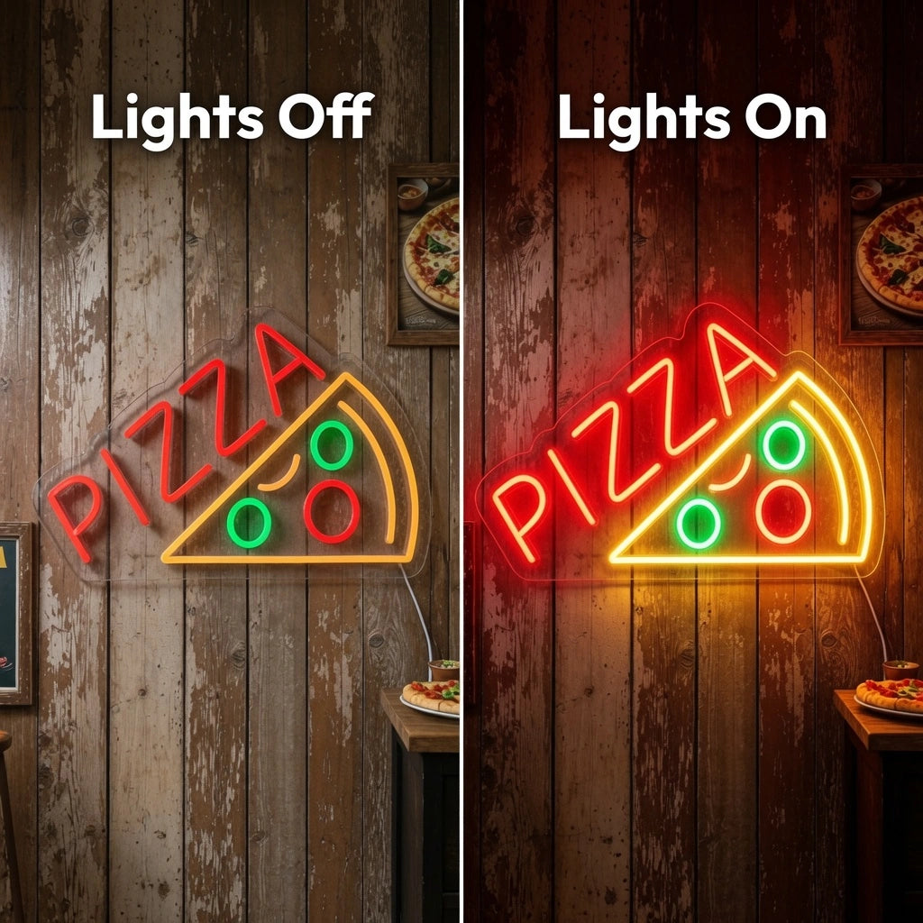 Pizza And Two Slices Of Pizza Wall Decor LED Neon Sign - 06 Day Night Comparison